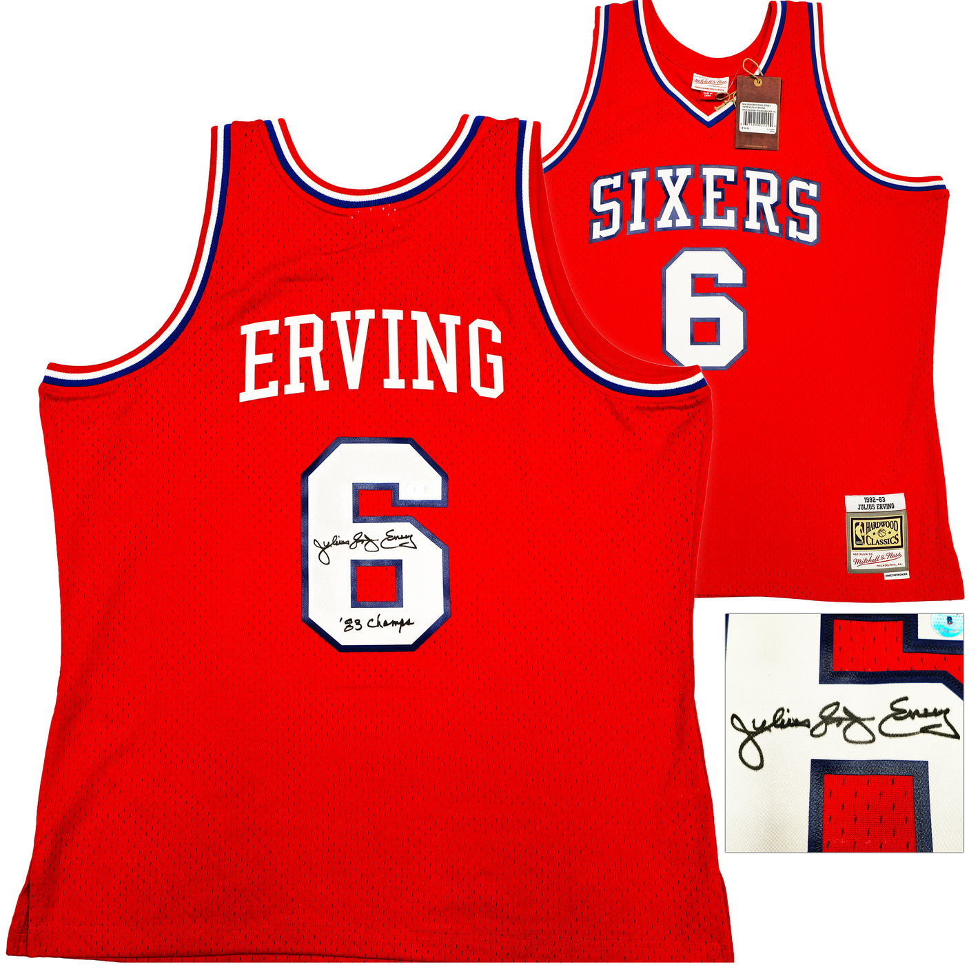 Philadelphia 76ers Julius "Dr. J" Erving Autographed Red Mitchell & Ness Hardwood Classics HWC Swingman 1982-83 Jersey Size XL "83 Champs" Beckett BAS Witness Stock #230252