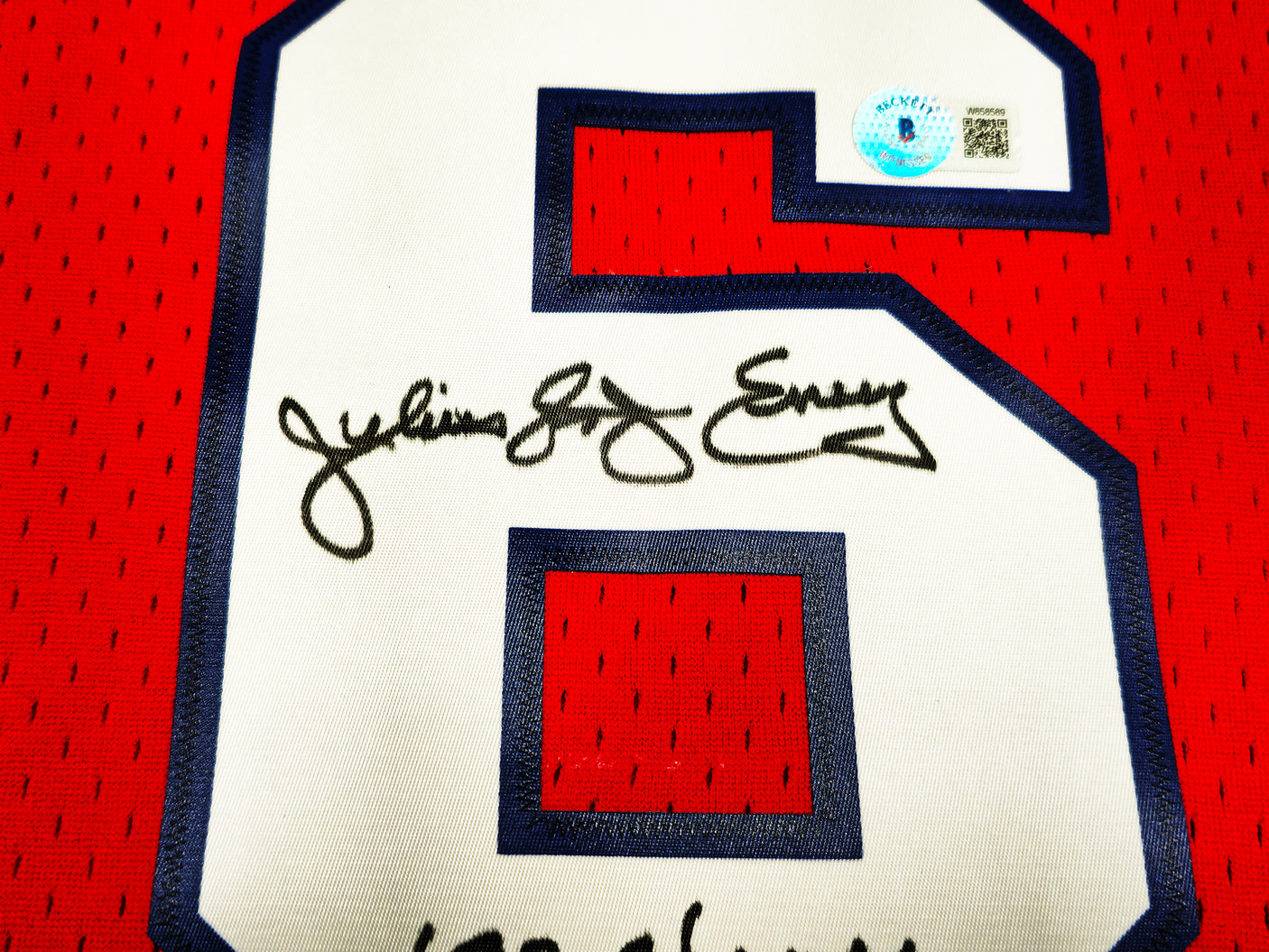 Philadelphia 76ers Julius "Dr. J" Erving Autographed Red Mitchell & Ness Hardwood Classics HWC Swingman 1982-83 Jersey Size XL "83 Champs" Beckett BAS Witness Stock #230252