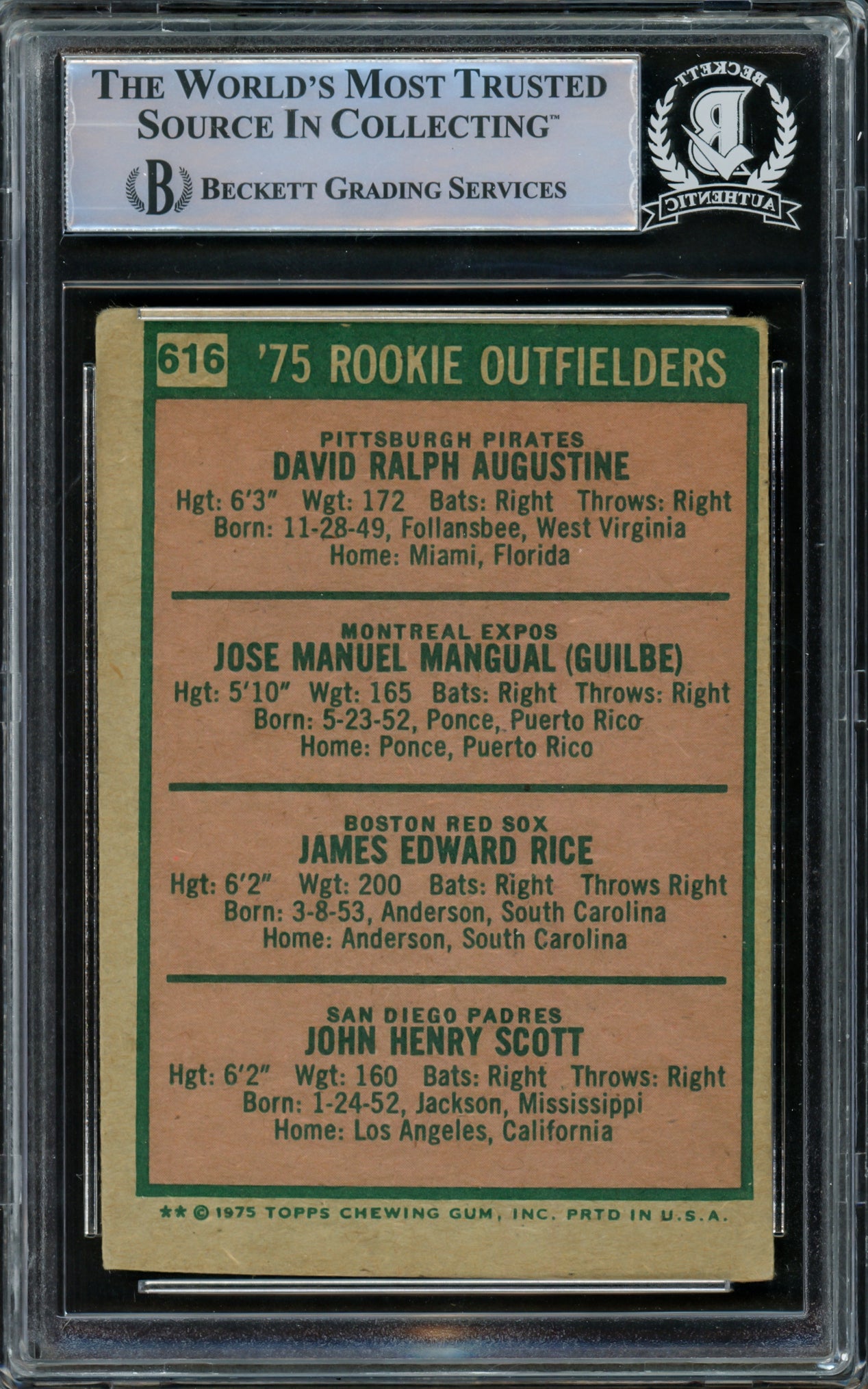 1975 Topps Card #616 Autographed Signed By All 4 Including Jim Rice Beckett BAS #15499351