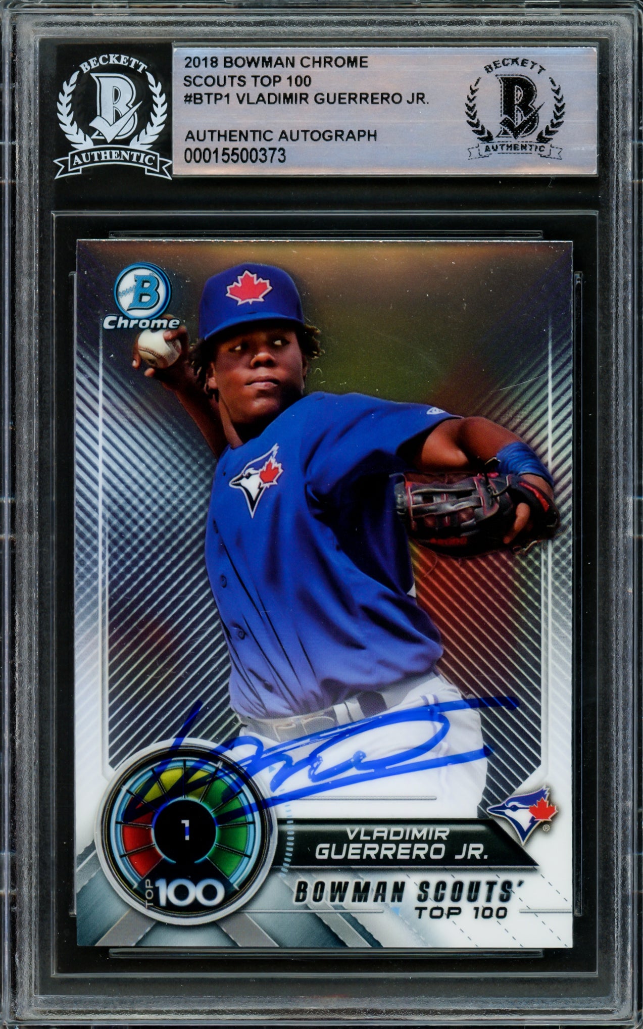 Vladimir Guerrero Jr. Autographed 2018 Bowman Chrome Scouts Top 100 Rookie Card #BTP-1 Toronto Blue Jays Beckett BAS #15500373