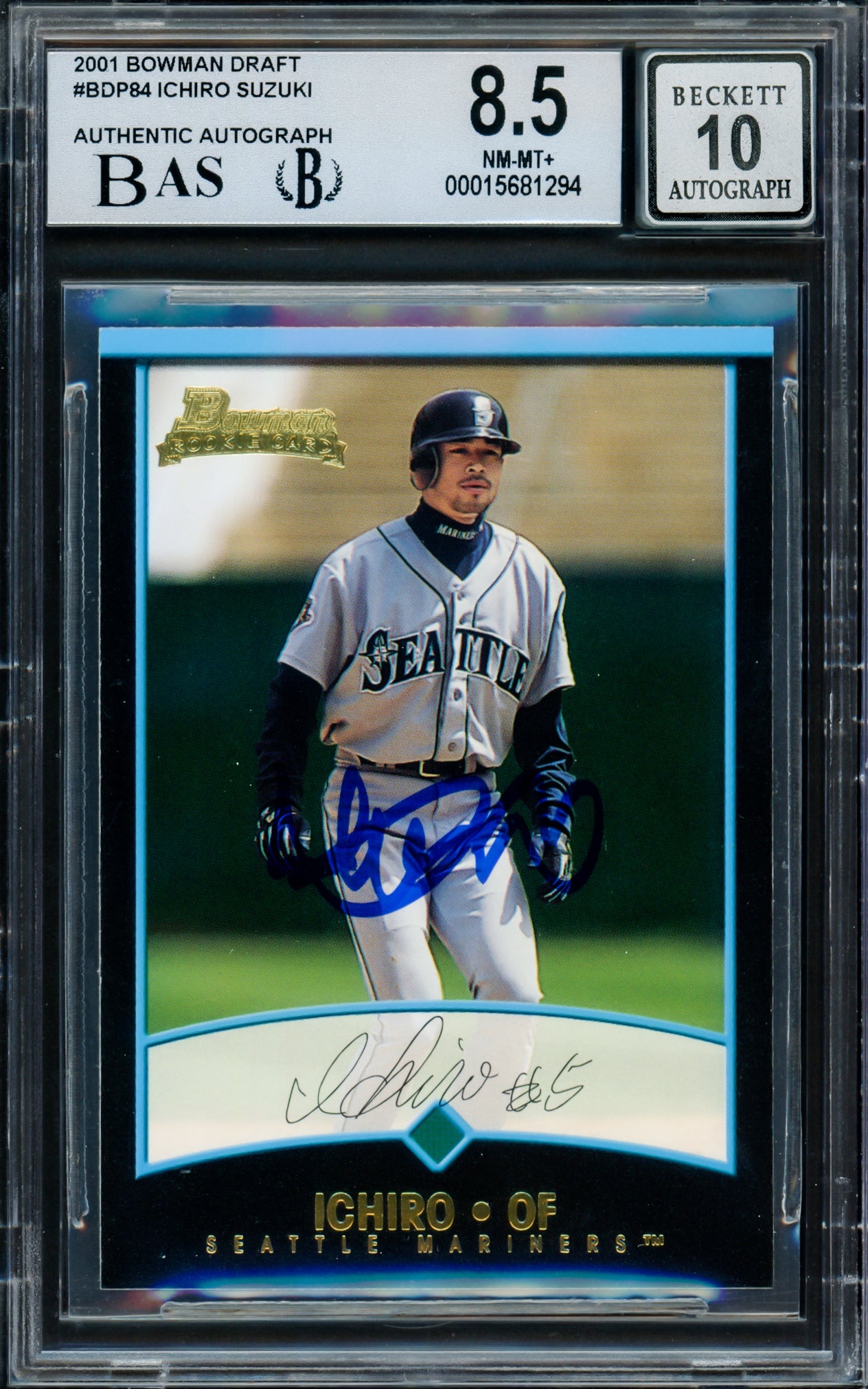 Ichiro Suzuki Autographed 2001 Bowman Draft Picks Rookie Card #BDP84 Seattle Mariners BGS 8.5 Auto Grade Gem Mint 10 Beckett BAS Stock #216428