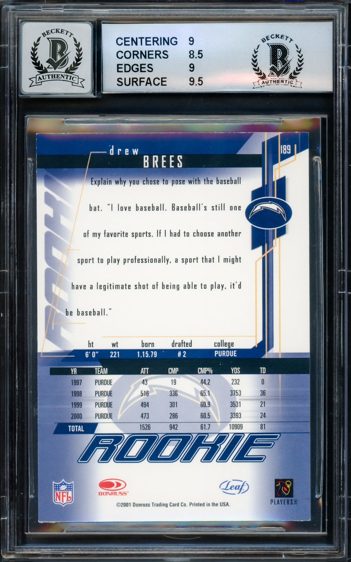 Drew Brees Autographed 2001 Leaf Rookies & Stars Rookie Card #189 San Diego Chargers BGS 9 Auto Grade Gem Mint 10 Beckett BAS #15681824