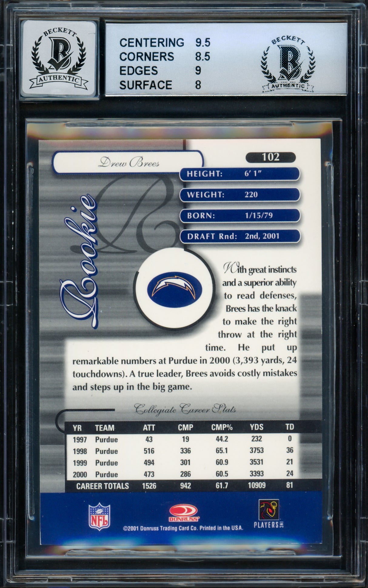 Drew Brees Autographed 2001 Donruss Elite Rookie Card #102 San Diego Chargers BGS 8.5 Auto Grade Gem Mint 10 #403/500 Beckett BAS #15681825
