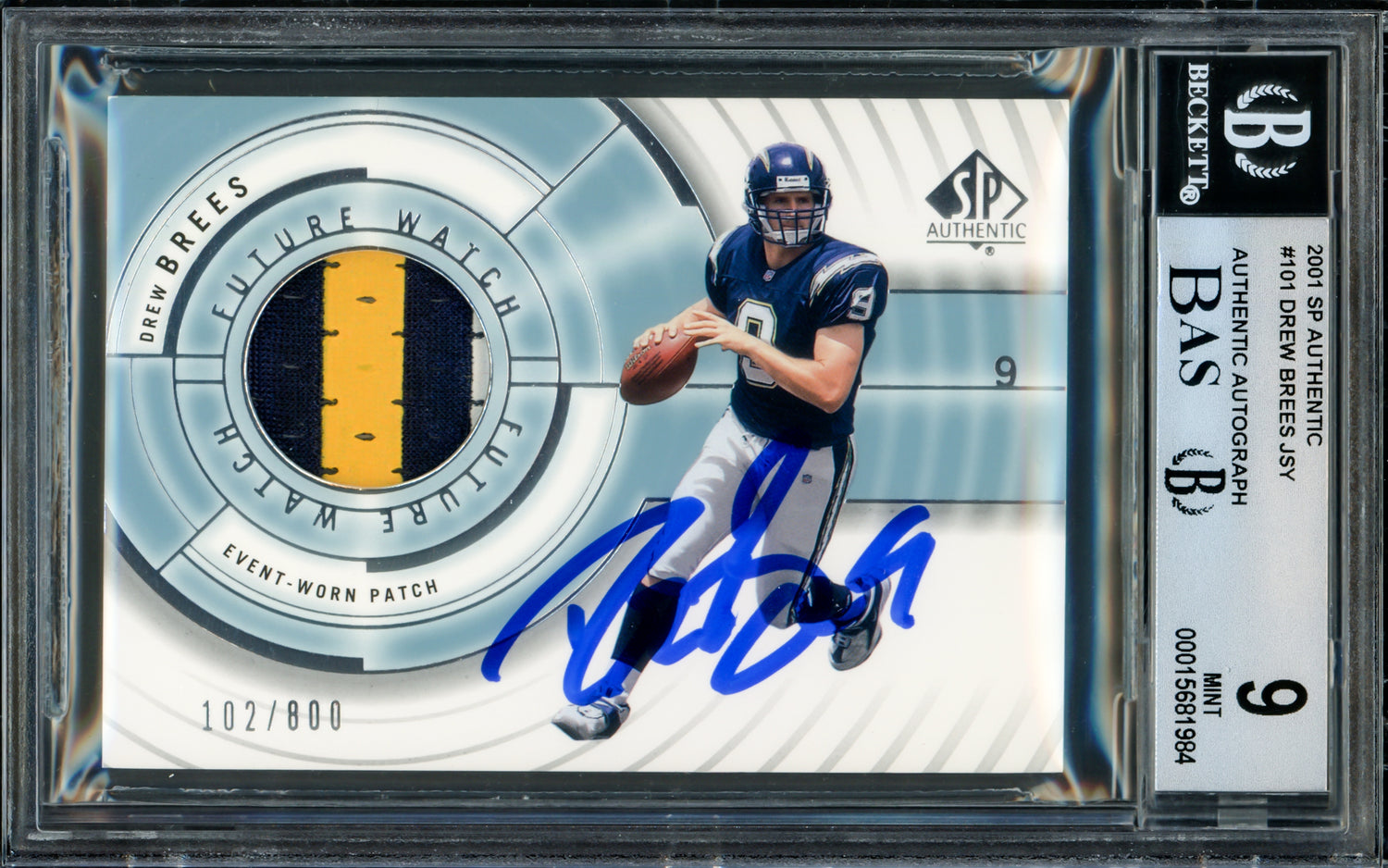 Drew Brees Autographed 2001 Upper Deck SP Authentic Rookie Card #101 San Diego Chargers BGS 9 Auto Grade Gem Mint 10 Jersey Patch #102/800 Beckett BAS #15681984