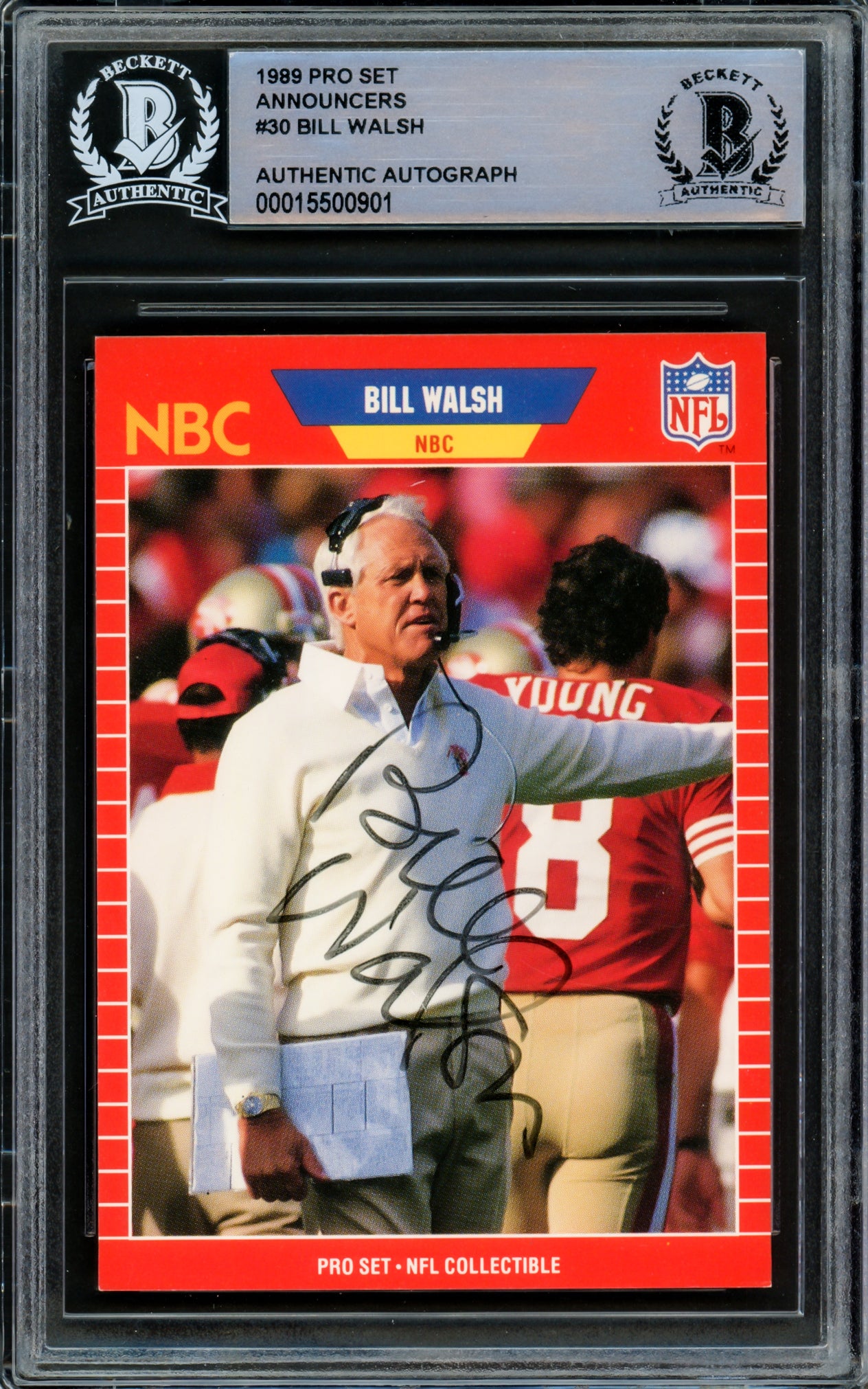 Bill Walsh Autographed 1989 Pro Set Rookie Card #30 San Francisco 49ers Beckett BAS #15500901