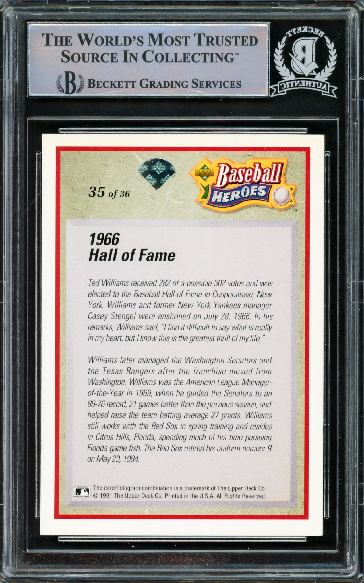 Ted Williams Autographed 1992 Upper Deck Heroes Card #35 Boston Red Sox Beckett BAS #15500921