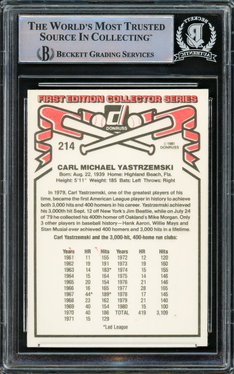 Carl Yastrzemski Autographed 1981 Donruss Card #214 Boston Red Sox Beckett BAS #15501011