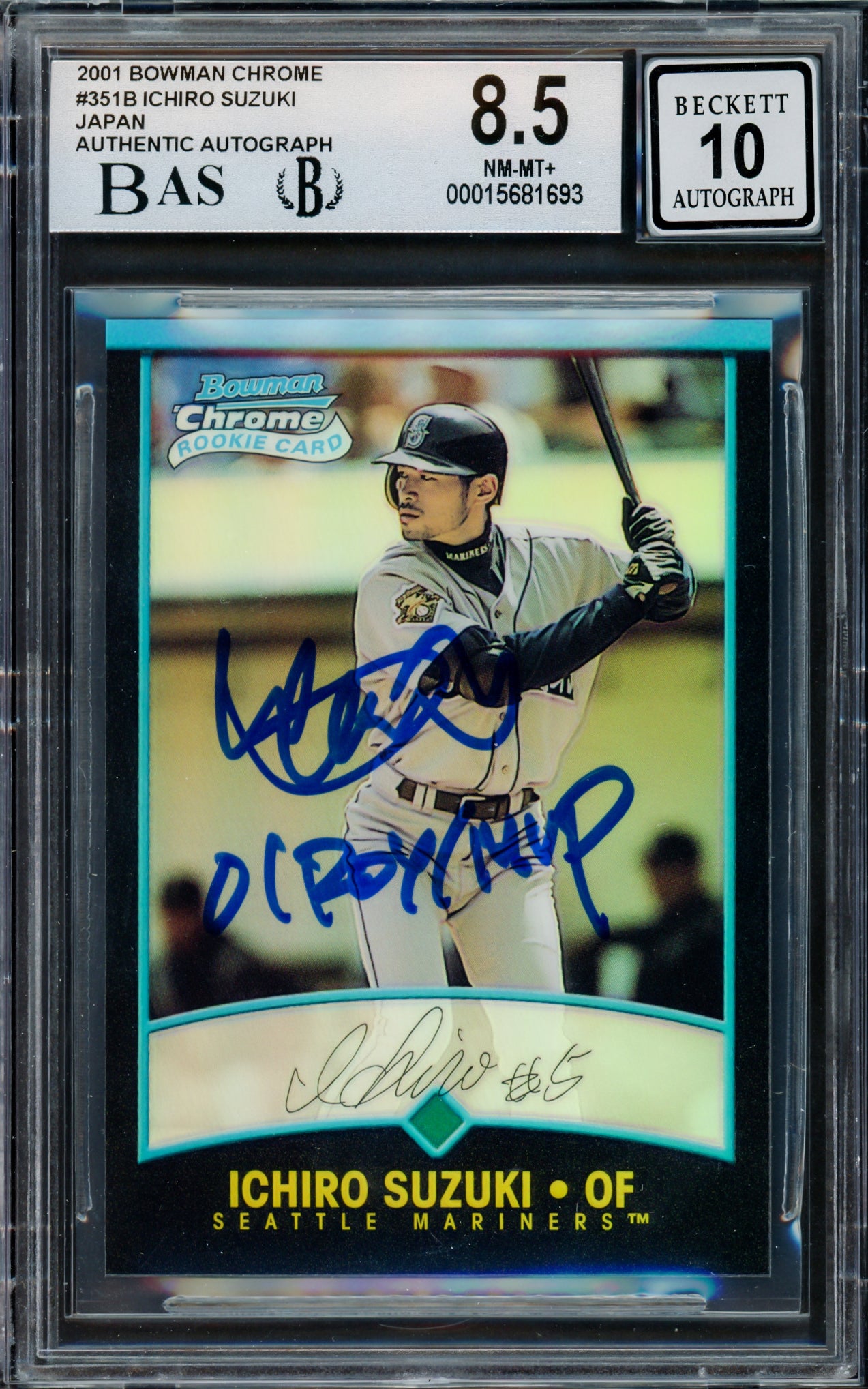 Ichiro Suzuki Autographed 2001 Bowman Chrome Refractor Japanese Rookie Card #351B Seattle Mariners BGS 8.5 Auto Grade Gem Mint 10 "01 ROY/MVP" Beckett BAS #15681693