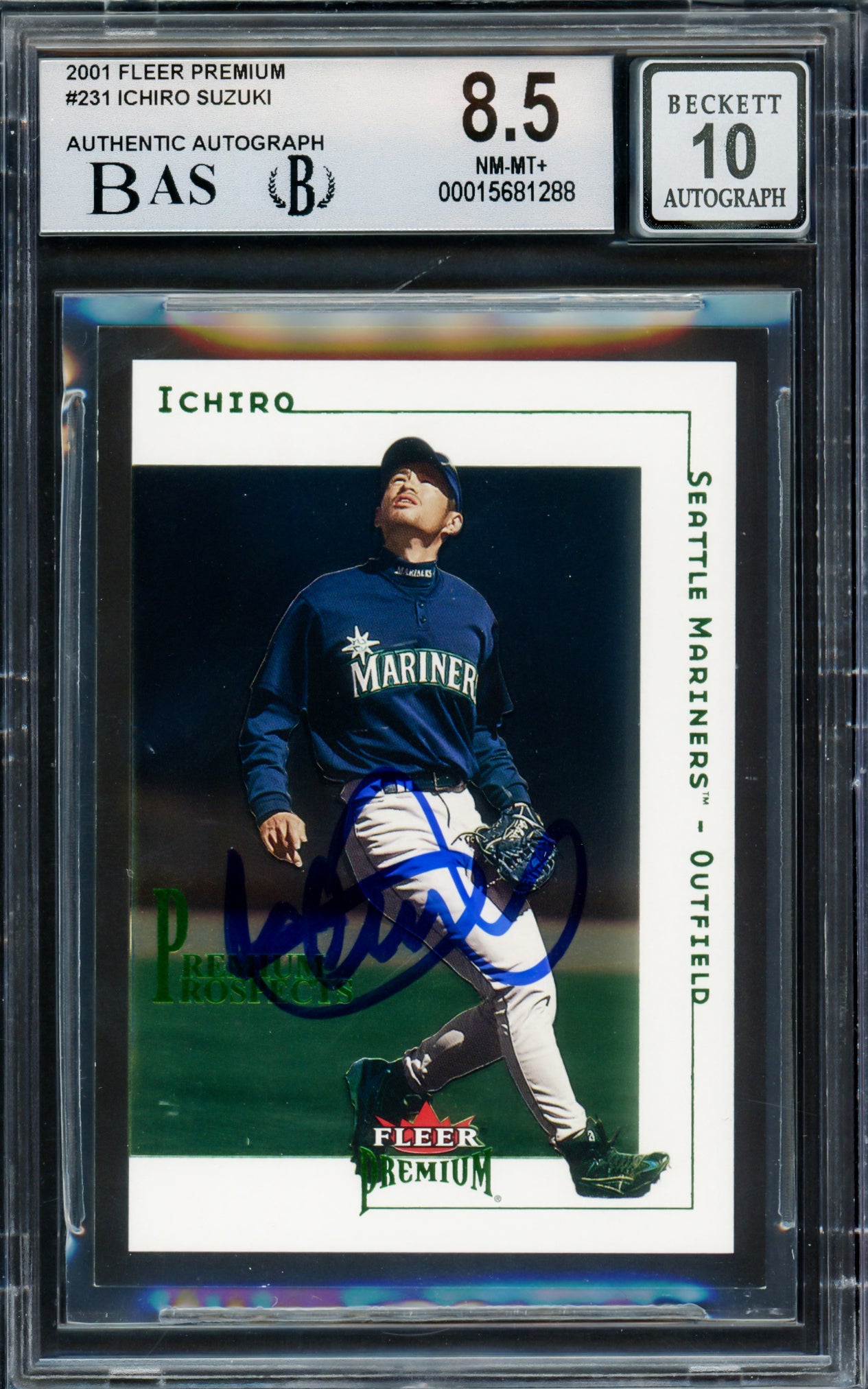 Ichiro Suzuki Autographed 2001 Fleer Premium Rookie Card #231 Seattle Mariners BGS 8.5 Auto Grade Gem Mint 10 #513/1999 Beckett BAS #15681288