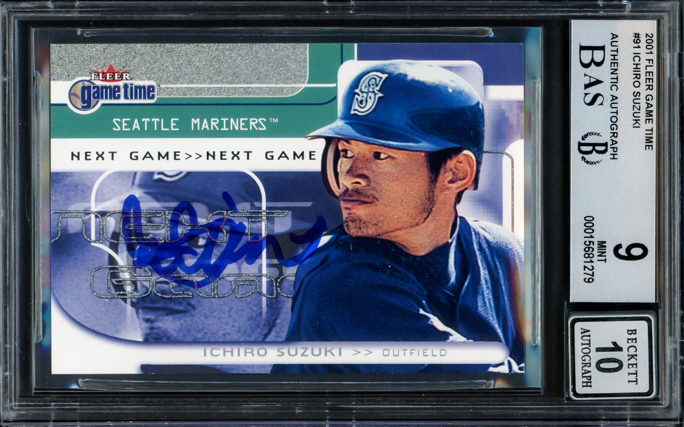 Ichiro Suzuki Autographed 2001 Fleer Game Time Rookie Card #91 Seattle Mariners BGS 9 Auto Grade Gem Mint 10 #433/2000 Beckett BAS #15681279