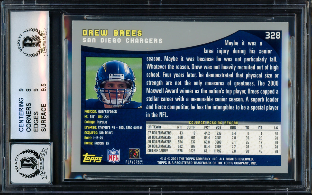 Drew Brees Autographed 2001 Topps Rookie Card #328 San Diego Chargers BGS 9 Auto Grade Gem Mint 10 Beckett BAS Stock #216466