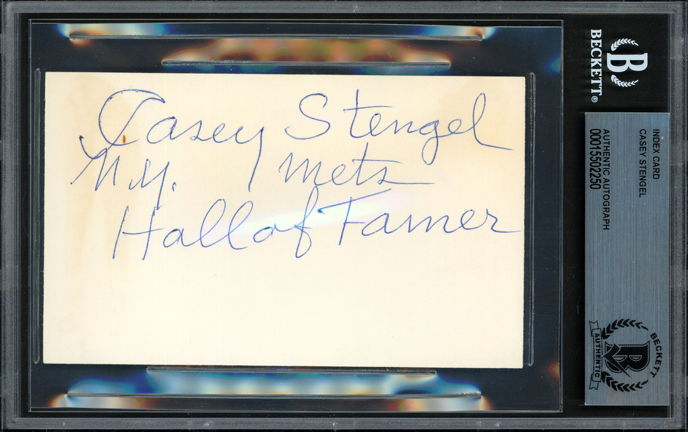 Casey Stengel Autographed 3x5 Index Card New York Mets "Hall of Famer" Beckett BAS #15502250