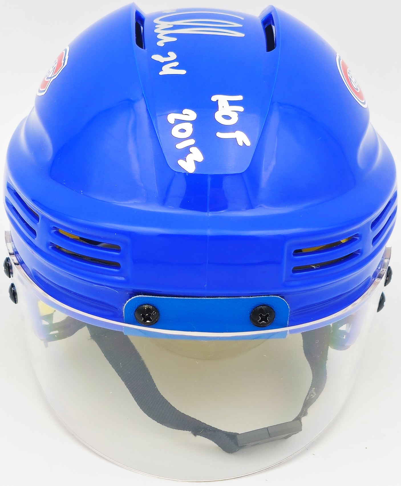 Chris Chelios Autographed Montreal Canadiens Blue Mini Helmet "HOF 2013" Beckett BAS Witness Stock #232839