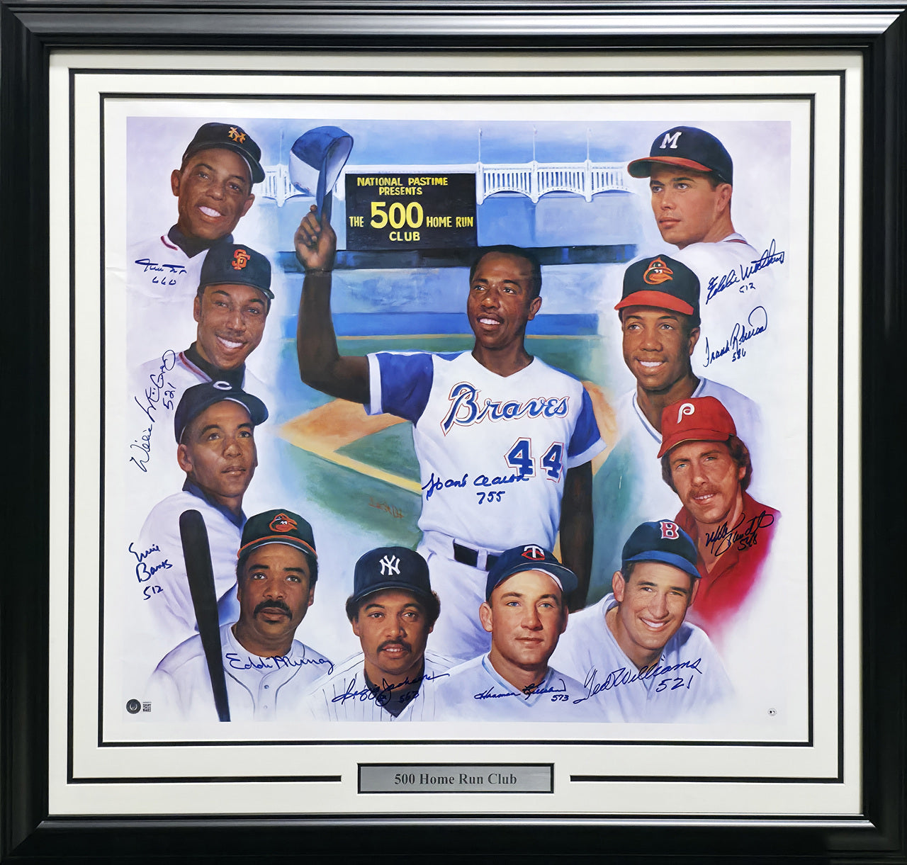 500 Home Run HR Club Autographed Framed 28x30 Photo With 11 Signatures Including Willie Mays & Hank Aaron Beckett BAS #AB08915