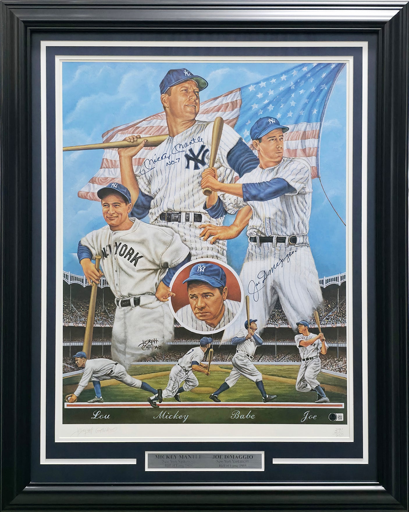 Mickey Mantle & Joe DiMaggio Autographed Framed 21x29 Print New York Yankees "No. 7" #391/950 Beckett BAS #AE31378