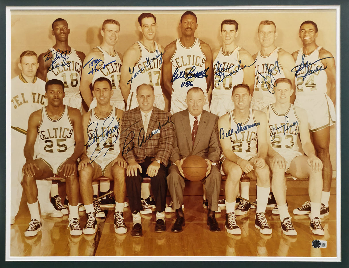 1962 Boston Celtics Team Autographed Framed 18x24 Photo With 11 Signatures Including Bill Russell & Red Auerbach Beckett BAS #AE31379