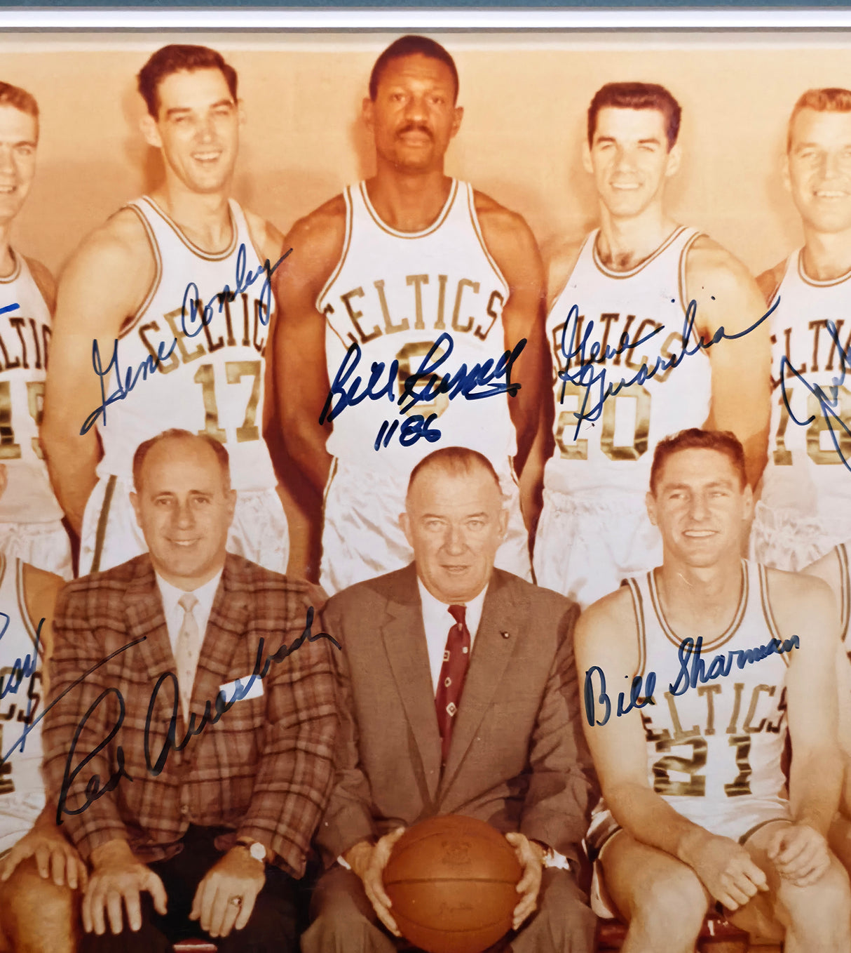 1962 Boston Celtics Team Autographed Framed 18x24 Photo With 11 Signatures Including Bill Russell & Red Auerbach Beckett BAS #AE31379