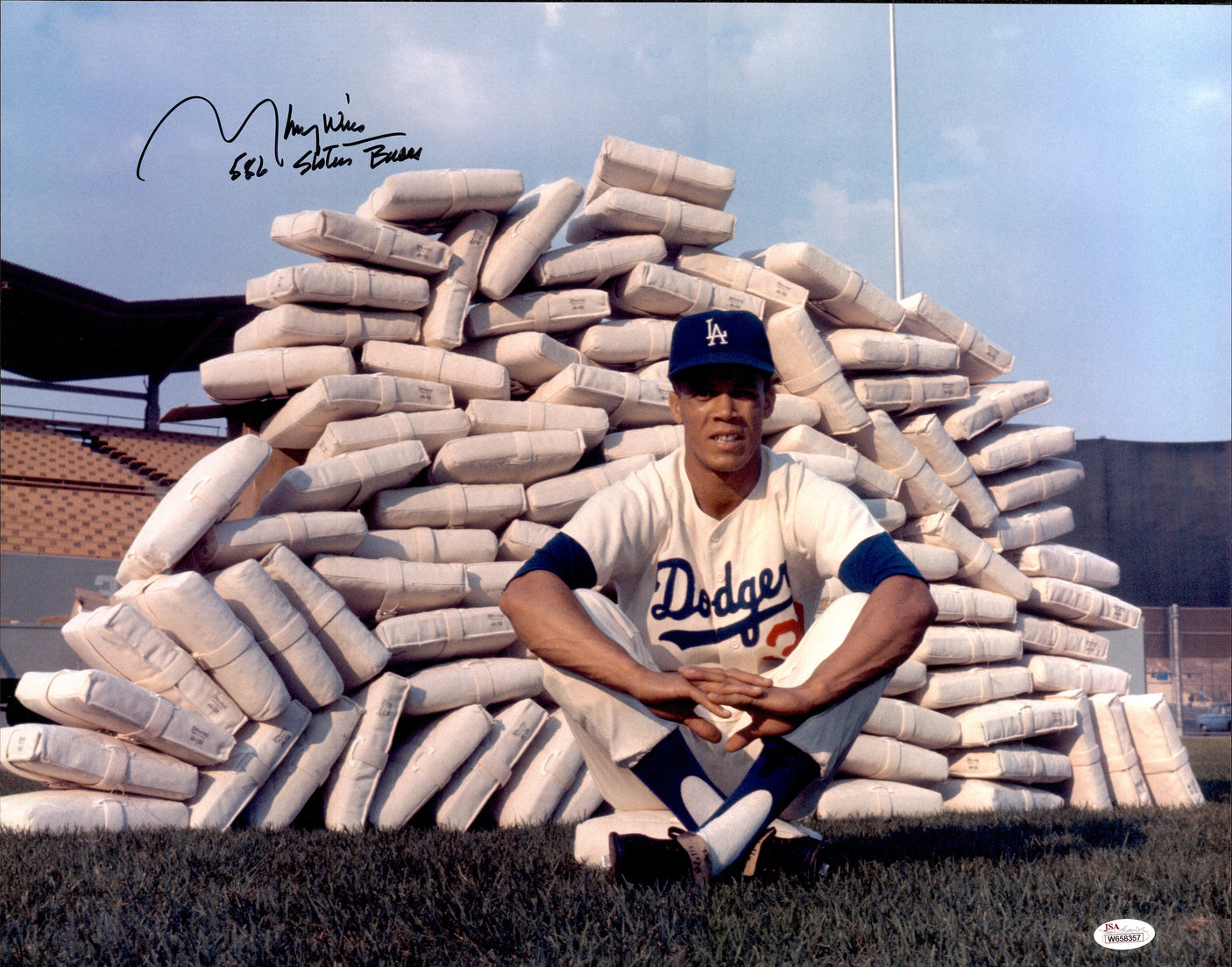 Maury Wills Autographed 16x20 Photo Los Angeles Dodgers "586 Stolen Bases" JSA #W658357