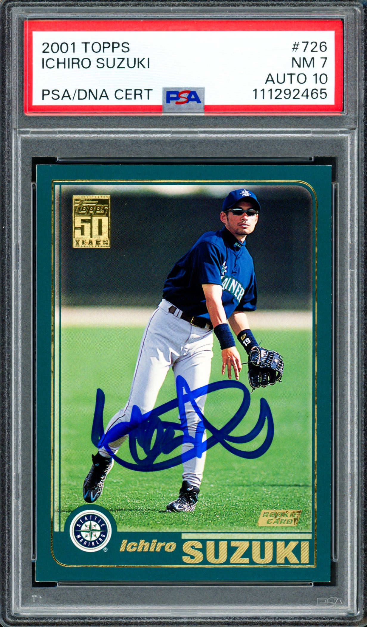Ichiro Suzuki Autographed 2001 Topps Rookie Card #726 Seattle Mariners PSA 7 Auto Grade Gem Mint 10 PSA/DNA Stock #250505