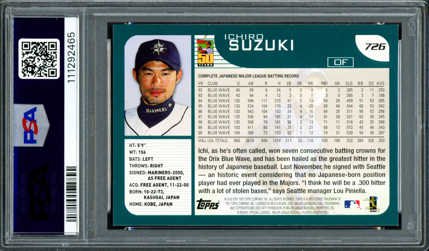Ichiro Suzuki Autographed 2001 Topps Rookie Card #726 Seattle Mariners PSA 7 Auto Grade Gem Mint 10 PSA/DNA Stock #250505