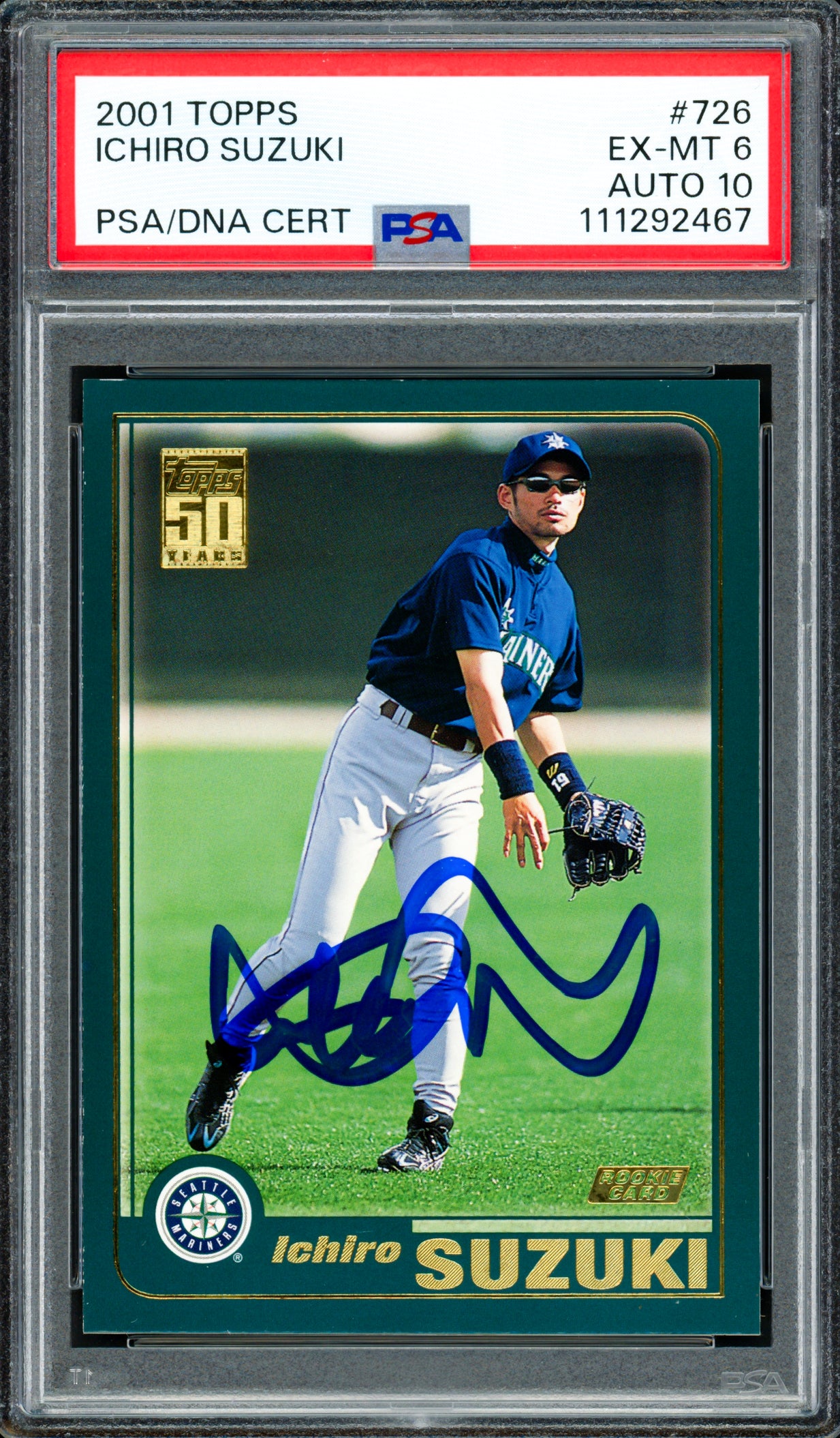 Ichiro Suzuki Autographed 2001 Topps Rookie Card #726 Seattle Mariners PSA 6 Auto Grade Gem Mint 10 PSA/DNA Stock #250506