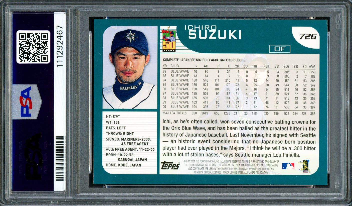 Ichiro Suzuki Autographed 2001 Topps Rookie Card #726 Seattle Mariners PSA 6 Auto Grade Gem Mint 10 PSA/DNA Stock #250506