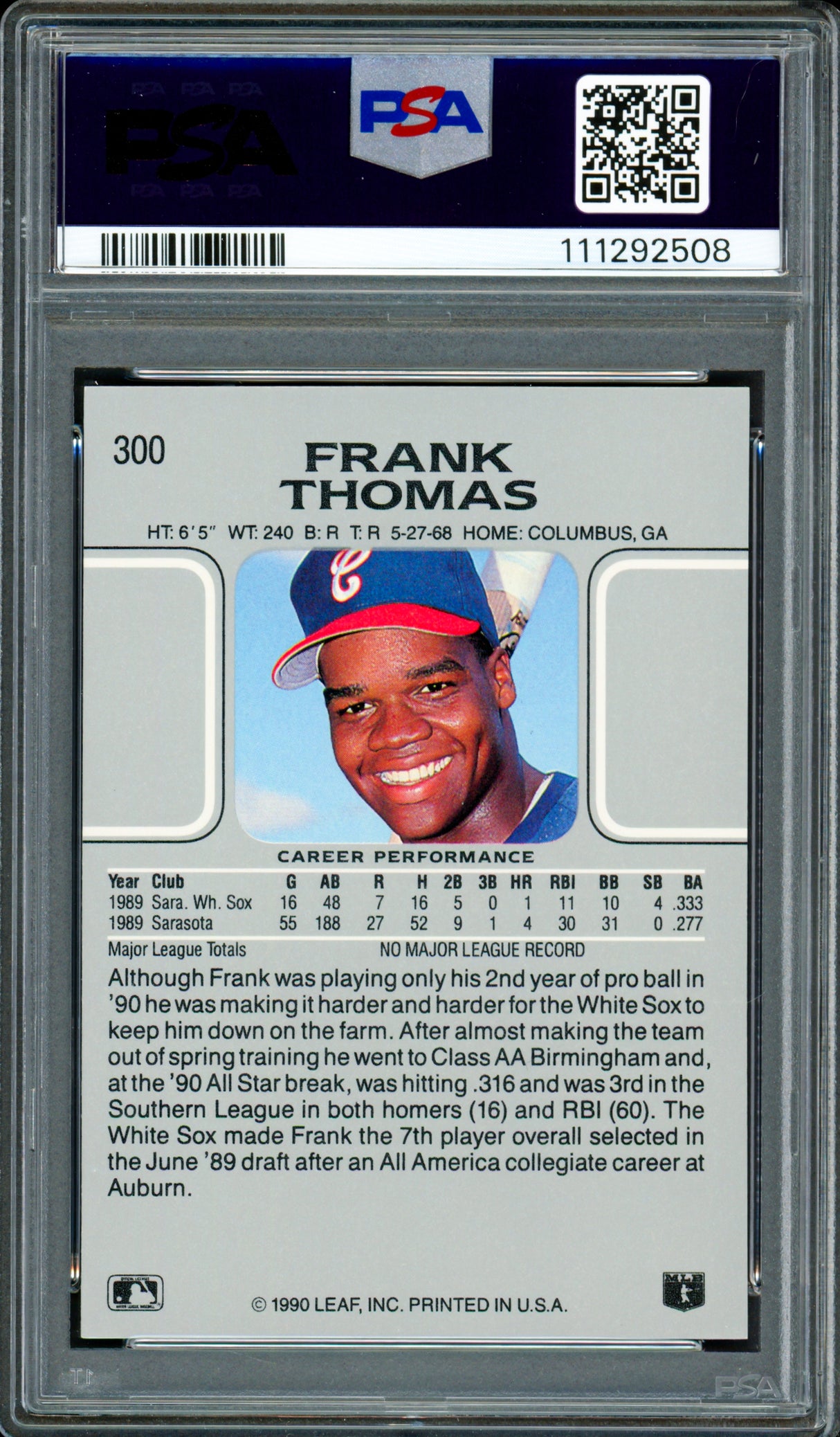 Frank Thomas Autographed 1990 Leaf Rookie Card #300 Chicago White Sox PSA 8 Auto Grade Gem Mint 10 PSA/DNA Stock #250507