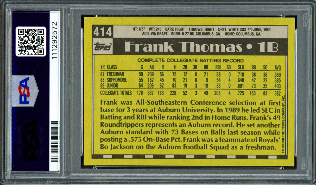 Frank Thomas Autographed 1990 Topps Rookie Card #414 Chicago White Sox PSA 7 Auto Grade Gem Mint 10 PSA/DNA Stock #250511