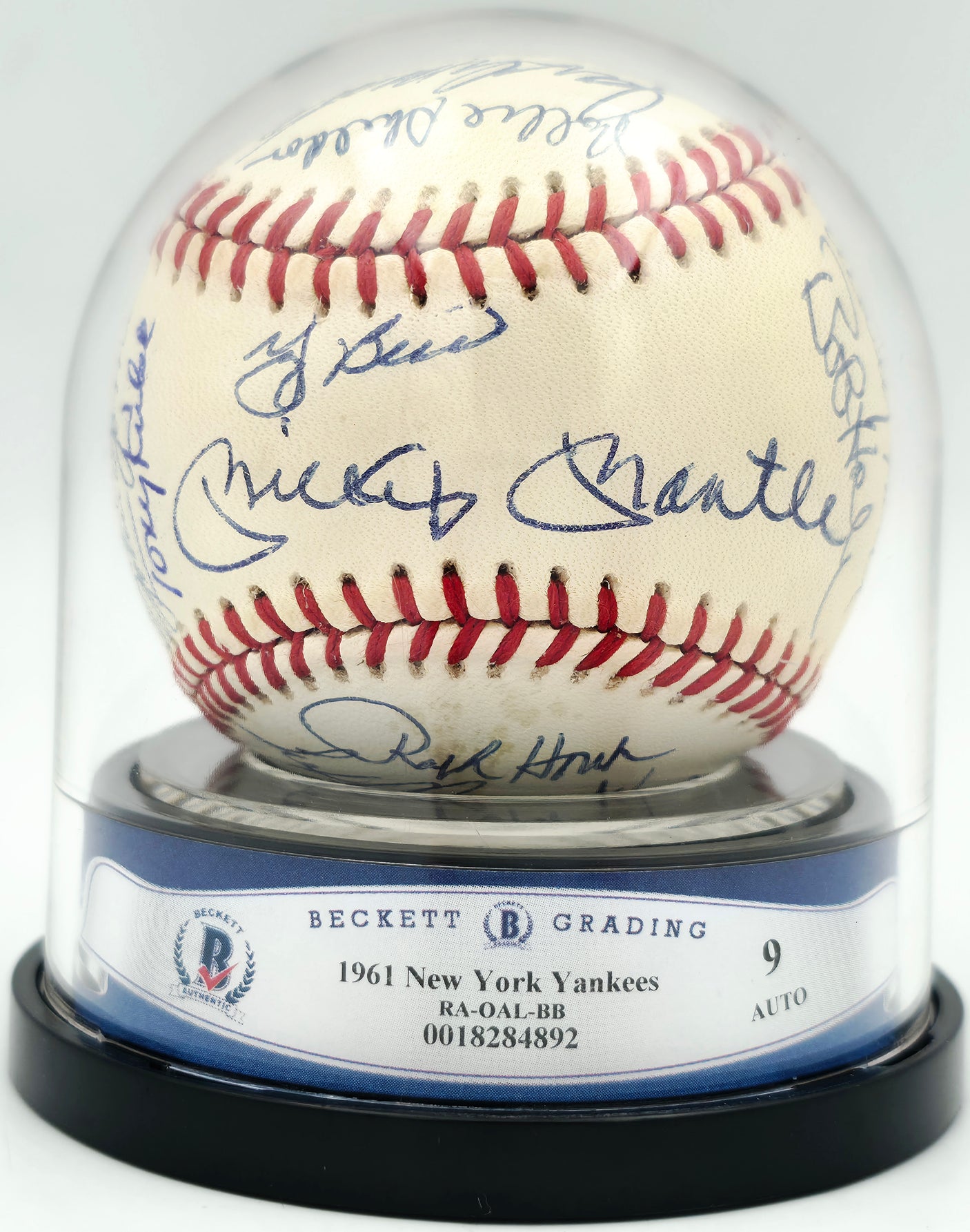 1961 New York Yankees Team Autographed Official AL Baseball World Series Champs Auto Grade Mint 9 With 34 Signatures Including Mickey Mantle Beckett BAS #18284892