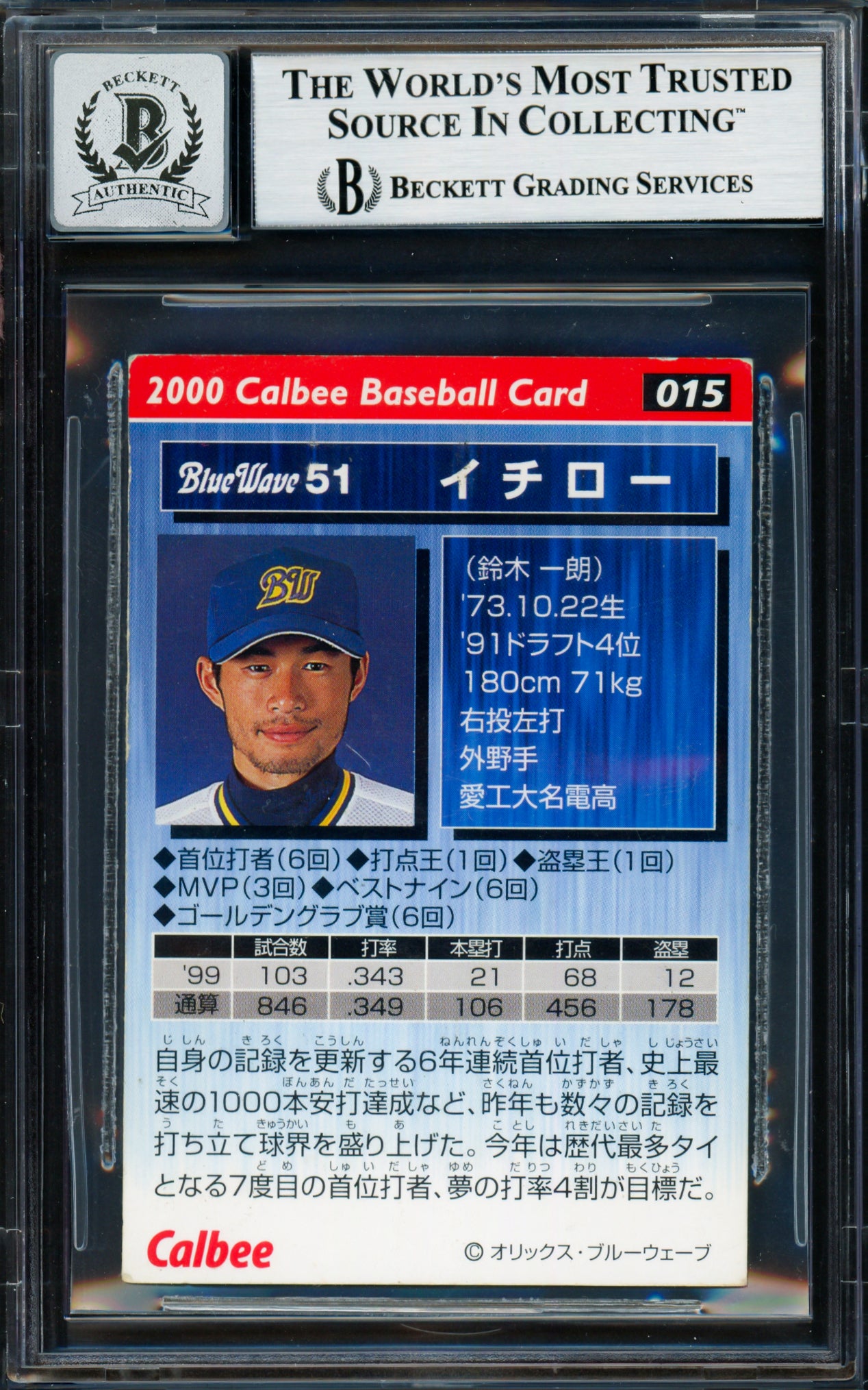 Ichiro Suzuki Autographed 2000 Calbee Card #15 Orix Blue Wave Auto Grade Gem Mint 10 Beckett BAS #18282900