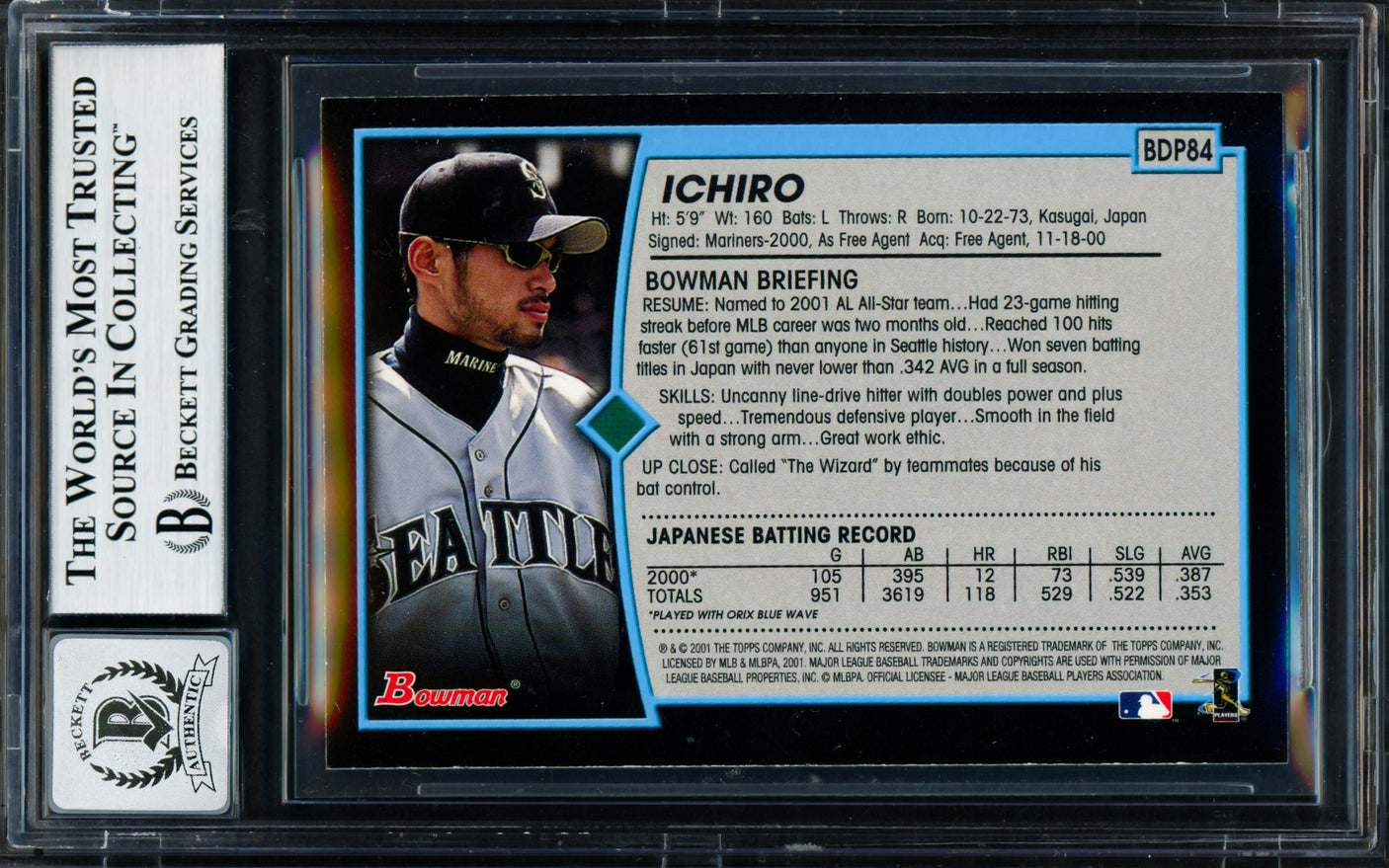 Ichiro Suzuki Autographed 2001 Bowman Draft Picks Rookie Card #BDP84 Seattle Mariners Auto Grade Gem Mint 10 Beckett BAS #18282945