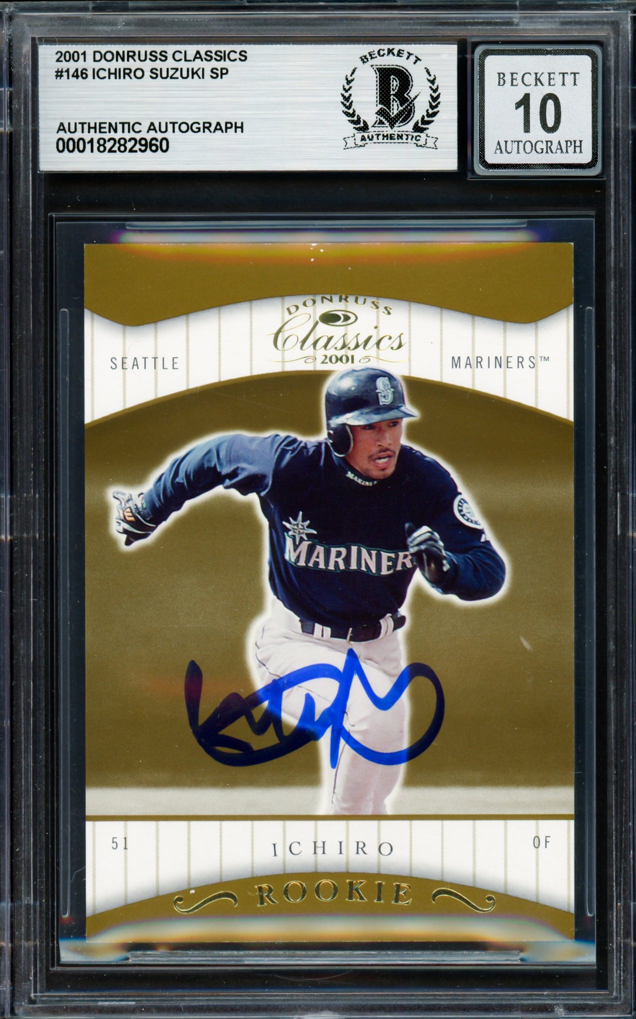 Ichiro Suzuki Autographed 2001 Donruss Classics Rookie Card #146 Seattle Mariners Auto Grade Gem Mint 10 #447/585 Beckett BAS #18282960