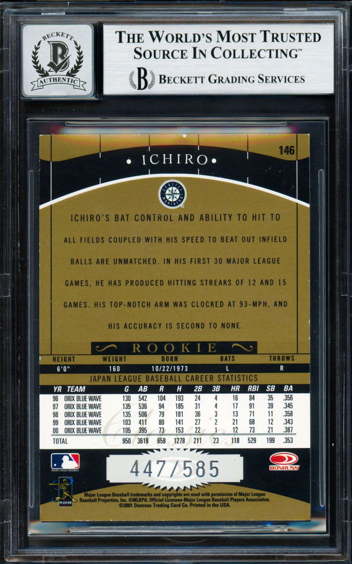 Ichiro Suzuki Autographed 2001 Donruss Classics Rookie Card #146 Seattle Mariners Auto Grade Gem Mint 10 #447/585 Beckett BAS #18282960