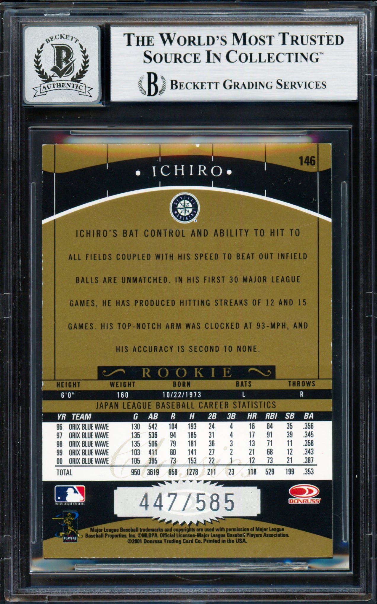 Ichiro Suzuki Autographed 2001 Donruss Classics Rookie Card #146 Seattle Mariners Auto Grade Gem Mint 10 #447/585 Beckett BAS #18282960