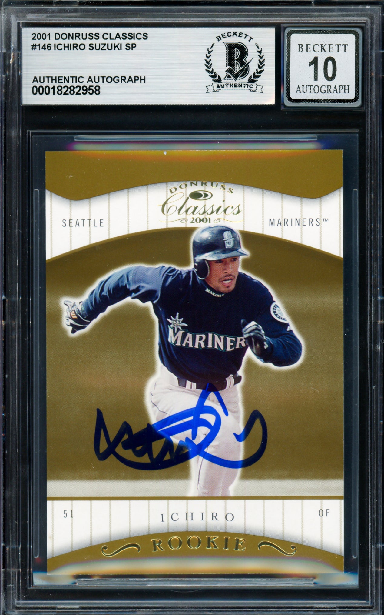 Ichiro Suzuki Autographed 2001 Donruss Classics Rookie Card #146 Seattle Mariners Auto Grade Gem Mint 10 #261/585 Beckett BAS #18282958