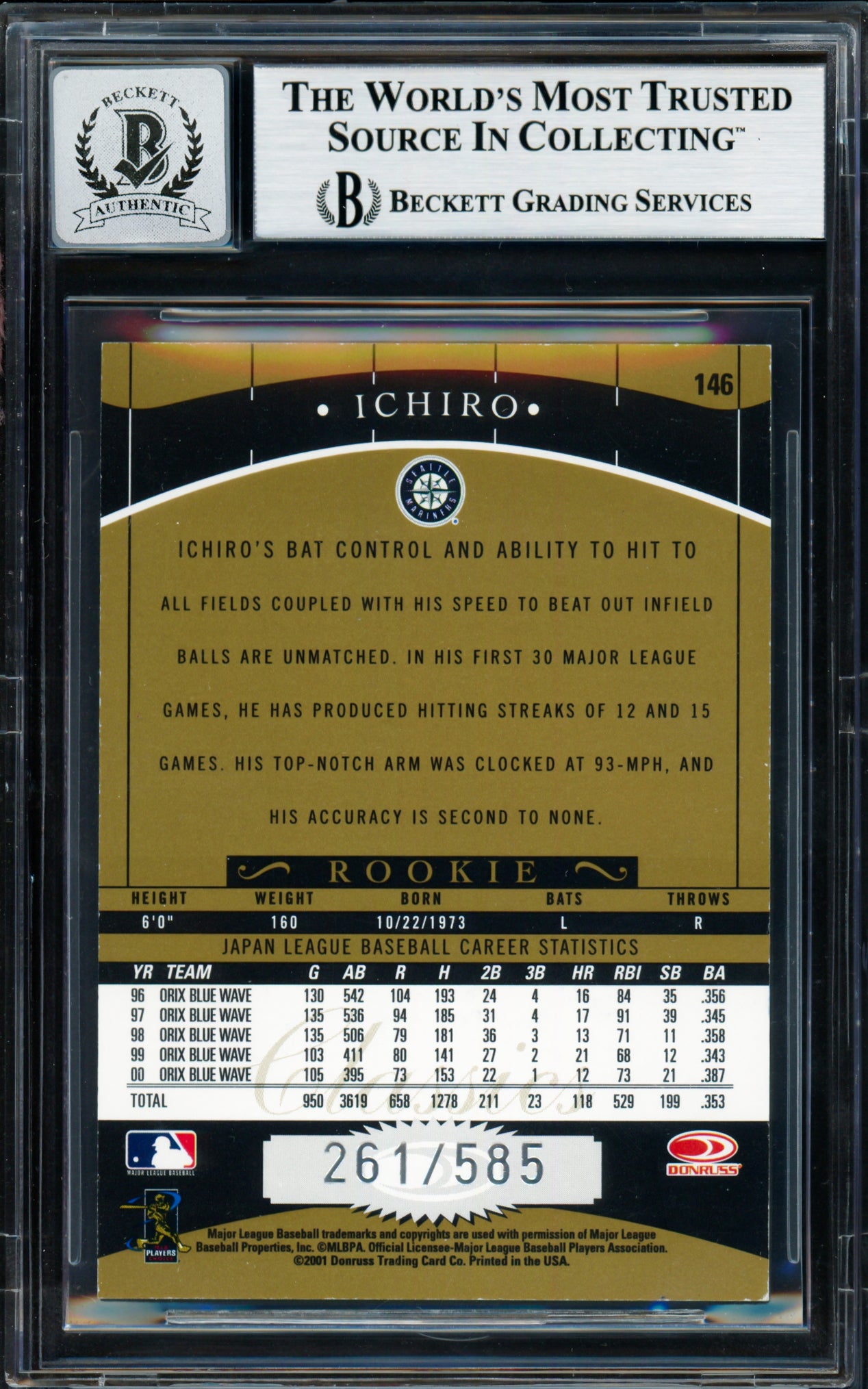 Ichiro Suzuki Autographed 2001 Donruss Classics Rookie Card #146 Seattle Mariners Auto Grade Gem Mint 10 #261/585 Beckett BAS #18282958
