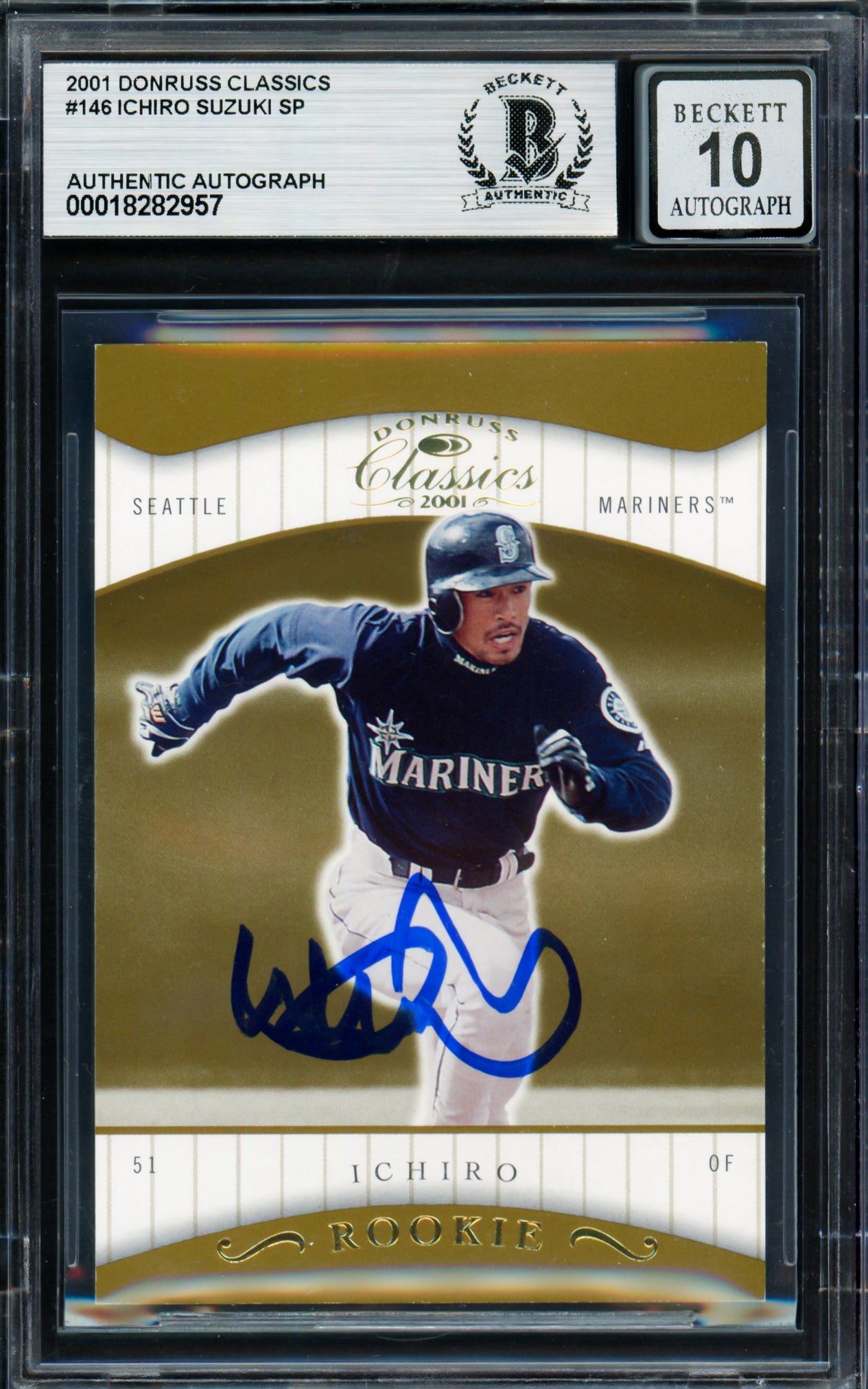 Ichiro Suzuki Autographed 2001 Donruss Classics Rookie Card #146 Seattle Mariners Auto Grade Gem Mint 10 #214/585 Beckett BAS #18282957