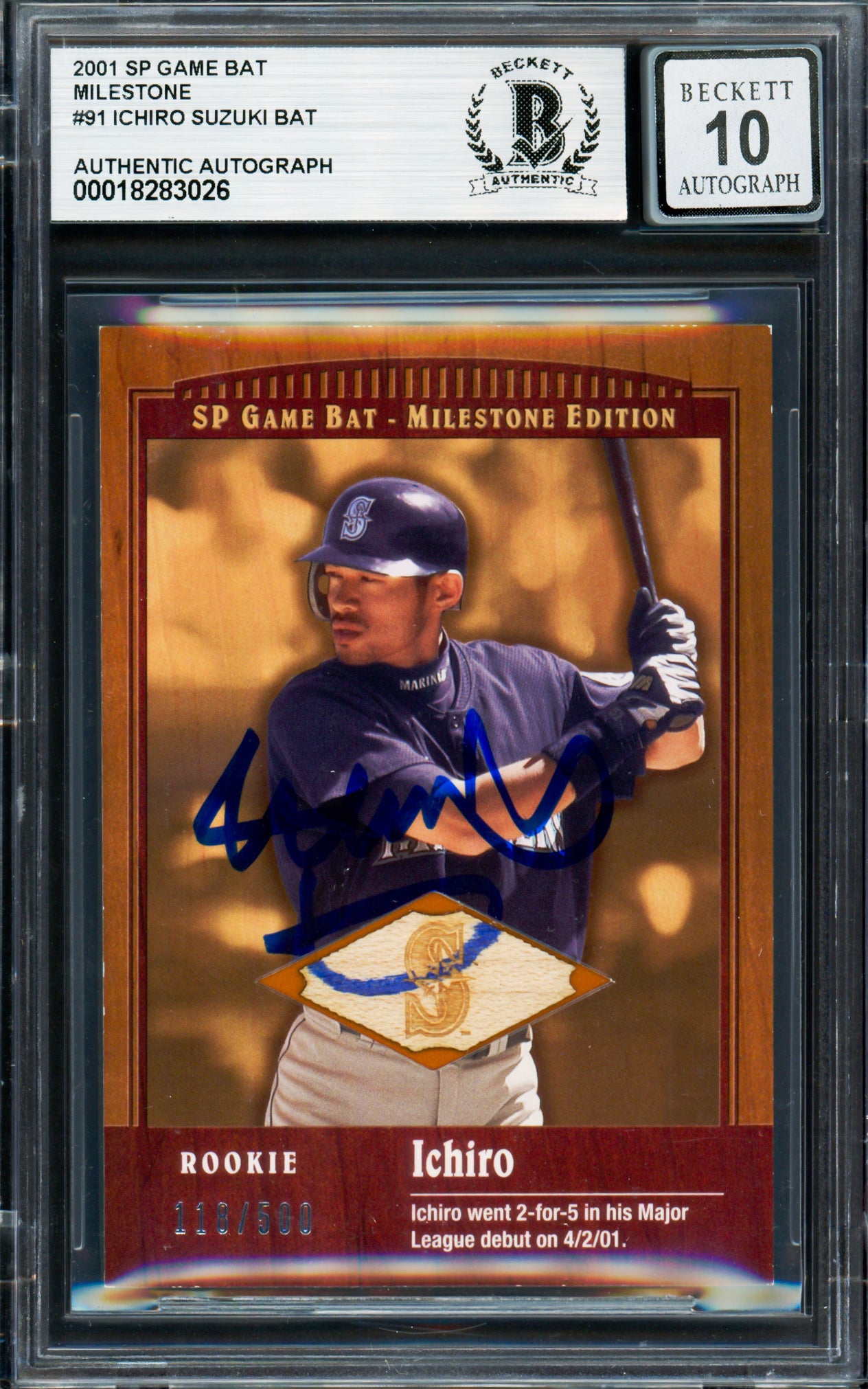 Ichiro Suzuki Autographed 2001 SP Game Bat Milestone Rookie Card #91 Seattle Mariners Auto Grade Gem Mint 10 #118/500 Beckett BAS #18283026