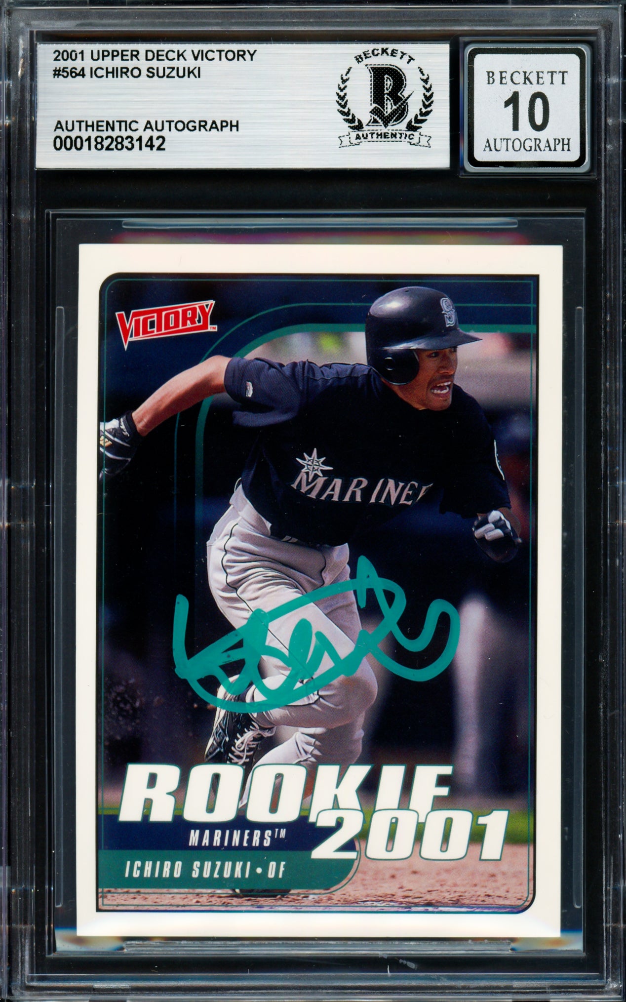 Ichiro Suzuki Autographed 2001 Upper Deck Victory Rookie Card #564 Seattle Mariners Auto Grade Gem Mint 10 Beckett BAS #18283142