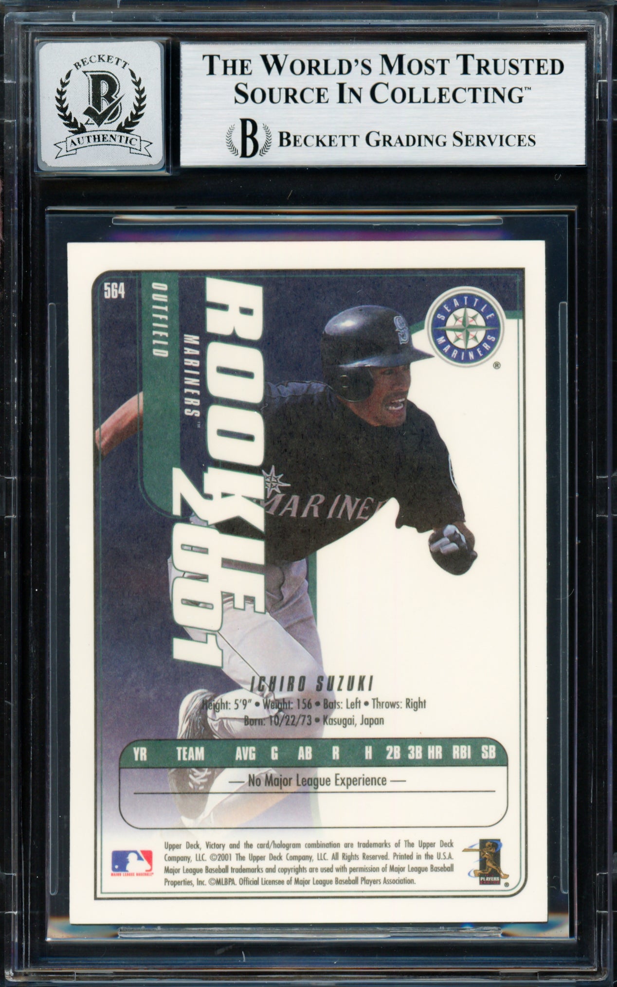 Ichiro Suzuki Autographed 2001 Upper Deck Victory Rookie Card #564 Seattle Mariners Auto Grade Gem Mint 10 Beckett BAS #18283142