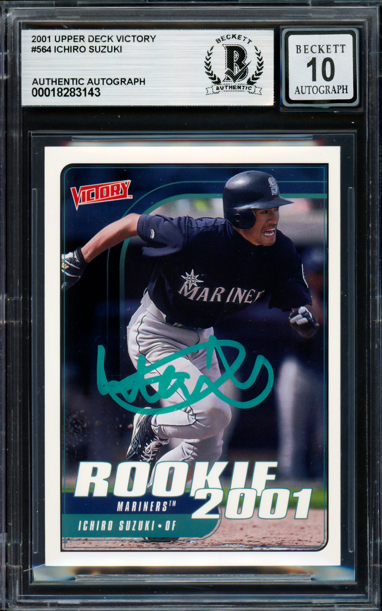 Ichiro Suzuki Autographed 2001 Upper Deck Victory Rookie Card #564 Seattle Mariners Auto Grade Gem Mint 10 Beckett BAS #18283143
