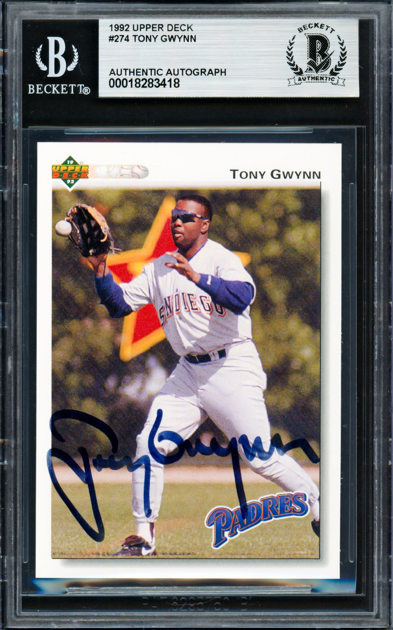 Tony Gwynn Autographed 1992 Upper Deck Card #274 San Diego Padres Beckett BAS #18283418