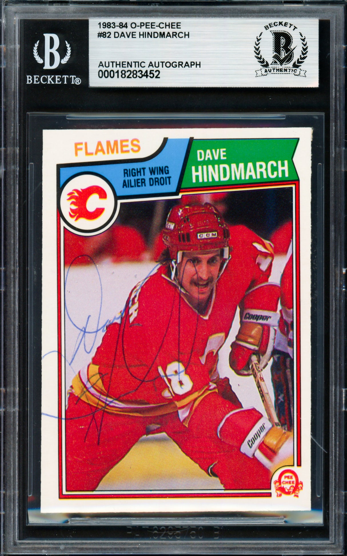 Dave Hindmarch Autographed 1983-84 O Pee Chee Card #82 Calgary Flames Beckett BAS #18283452