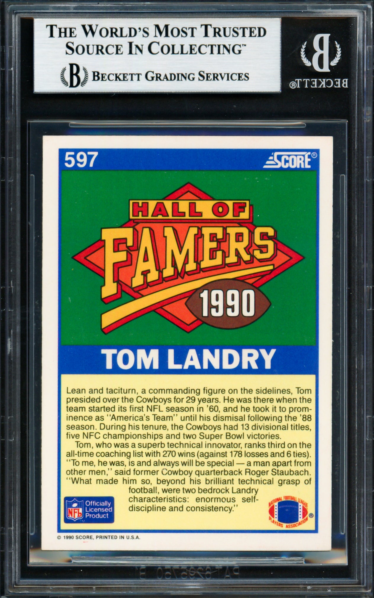 Tom Landry Autographed 1990 Score Card #597 Dallas Cowboys Beckett BAS #18283485