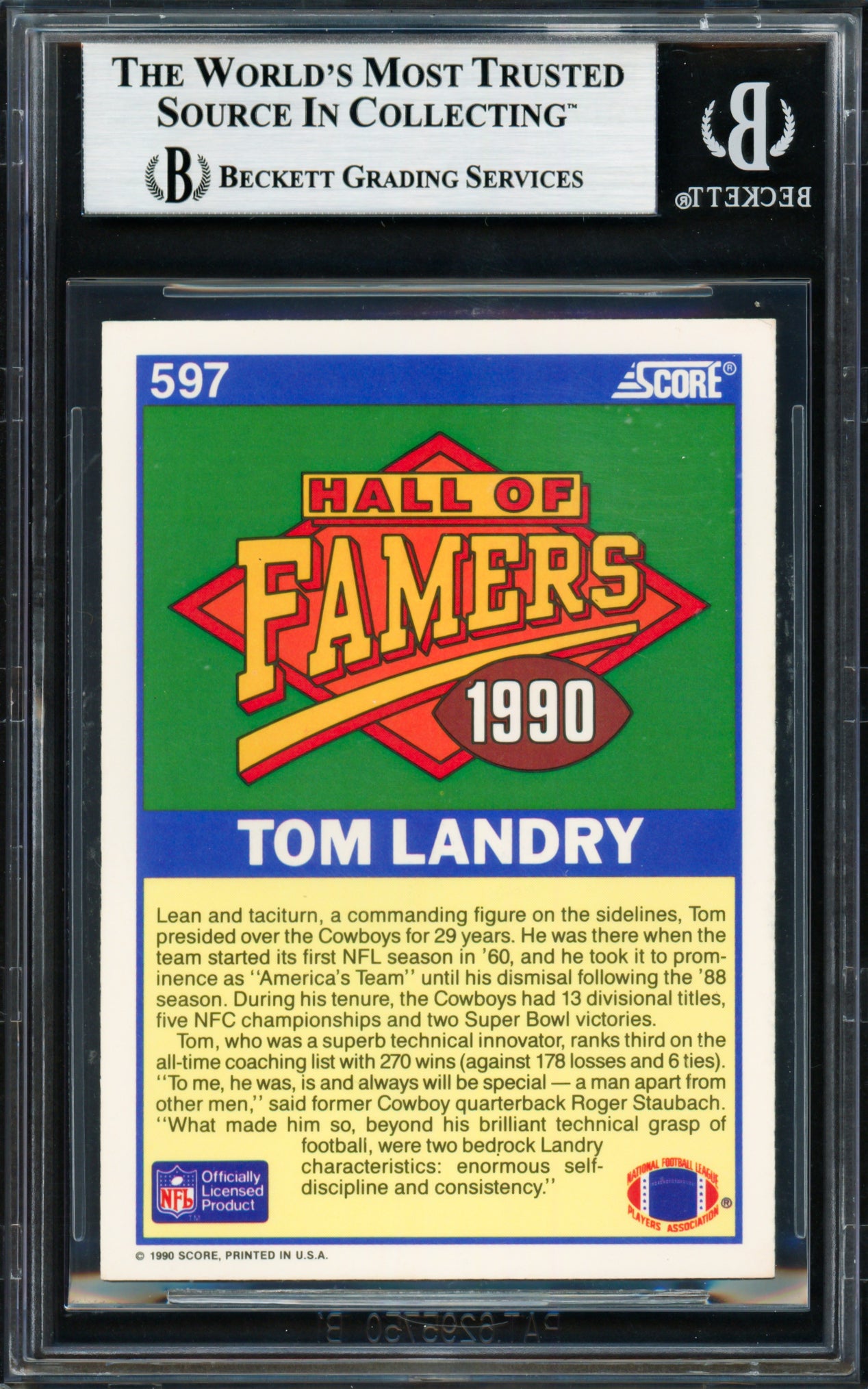 Tom Landry Autographed 1990 Score Card #597 Dallas Cowboys Beckett BAS #18283486