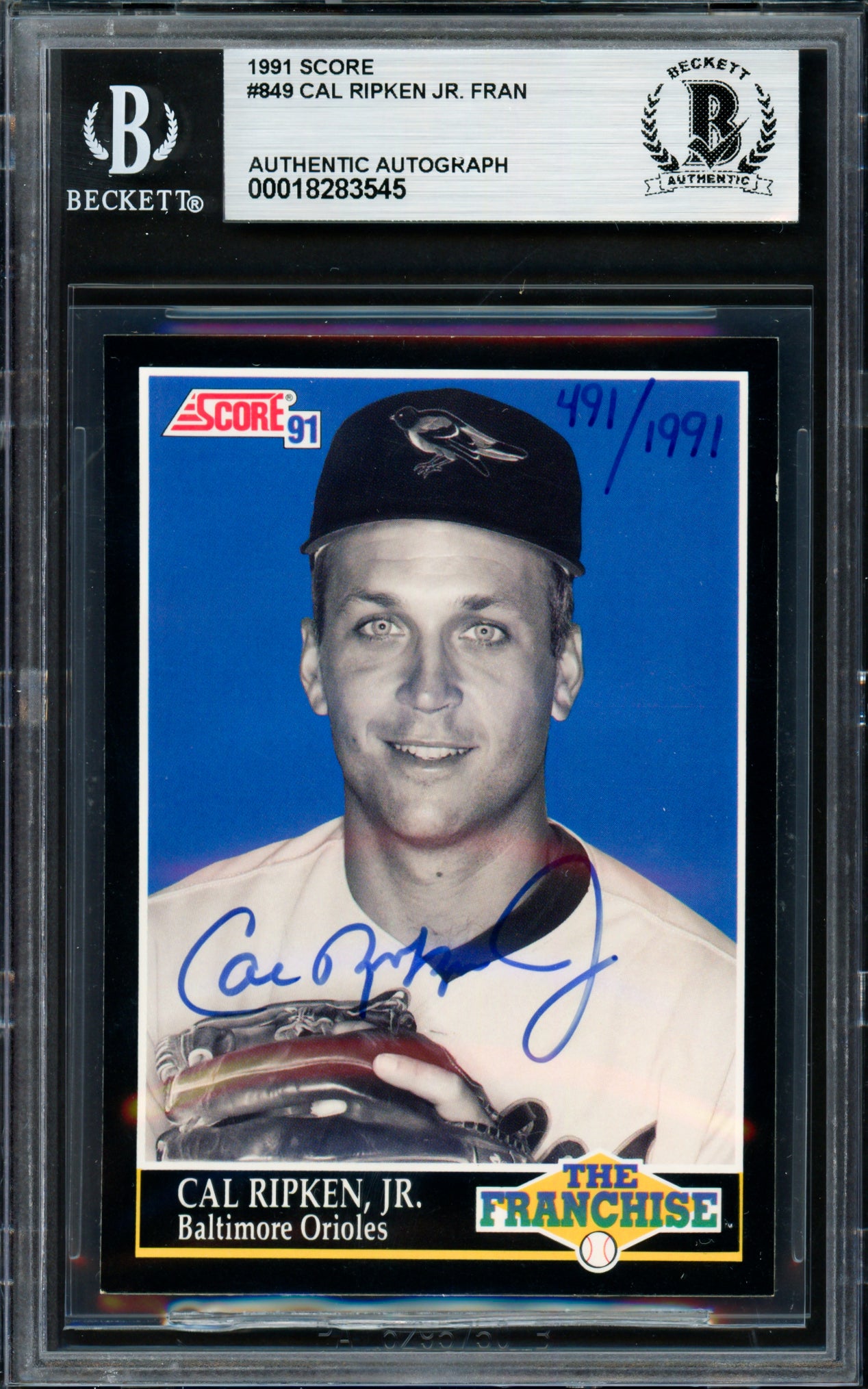 Cal Ripken Jr. Autographed 1991 Score Card #849 Baltimore Orioles #491/1991 Beckett BAS #18283545