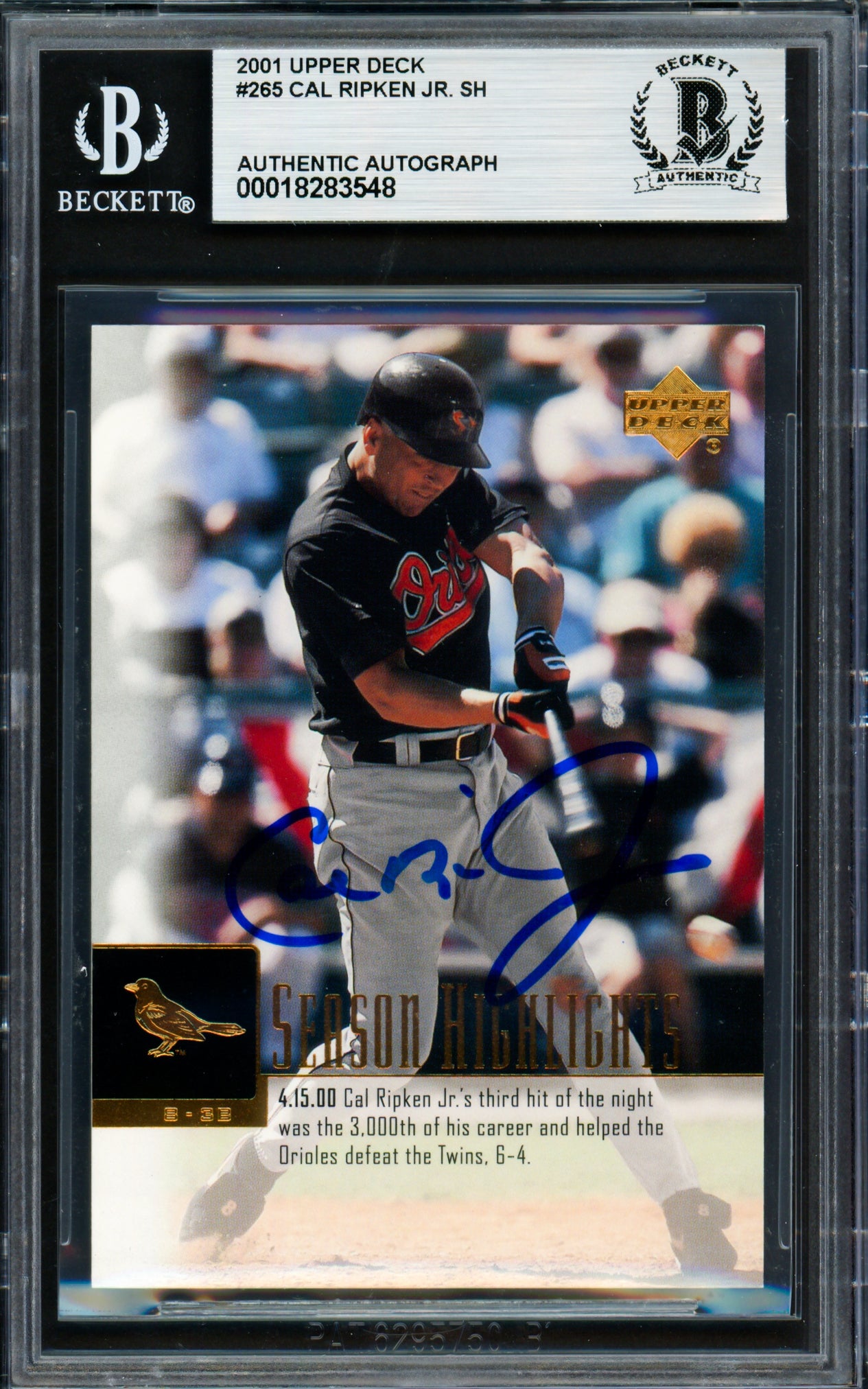 Cal Ripken Jr. Autographed 2000 Upper Deck Card #265 Baltimore Orioles Beckett BAS #18283548