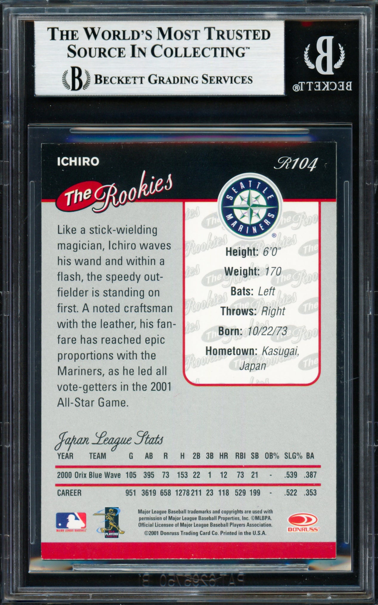 Ichiro Suzuki Autographed 2001 Donruss The Rookies Rookie Card #R104 Seattle Mariners Beckett BAS #18283563