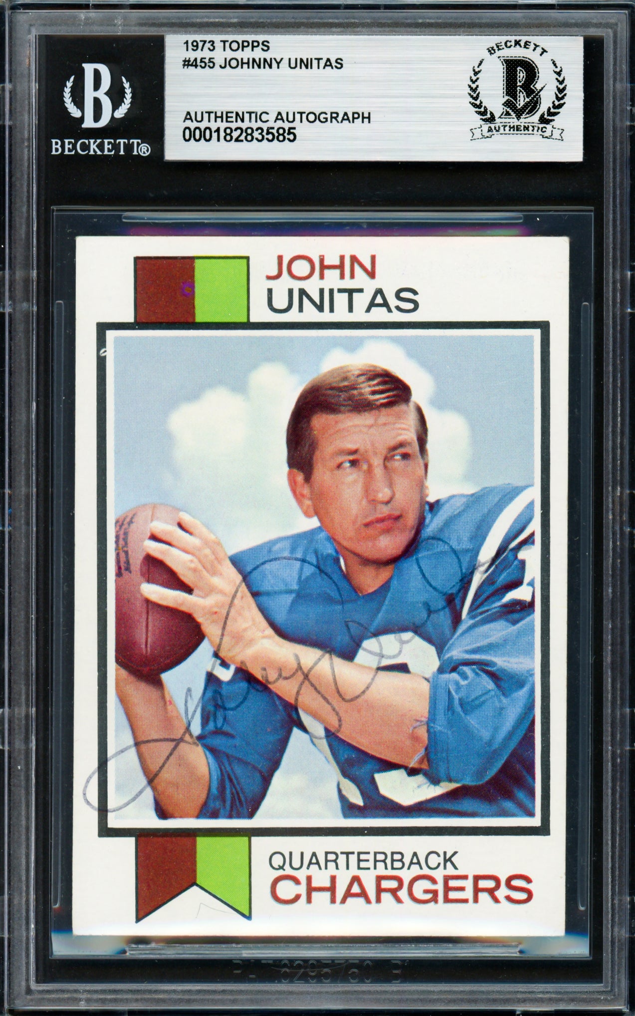 Johnny Unitas Autographed 1973 Topps Card #455 San Diego Chargers Beckett BAS #18283585