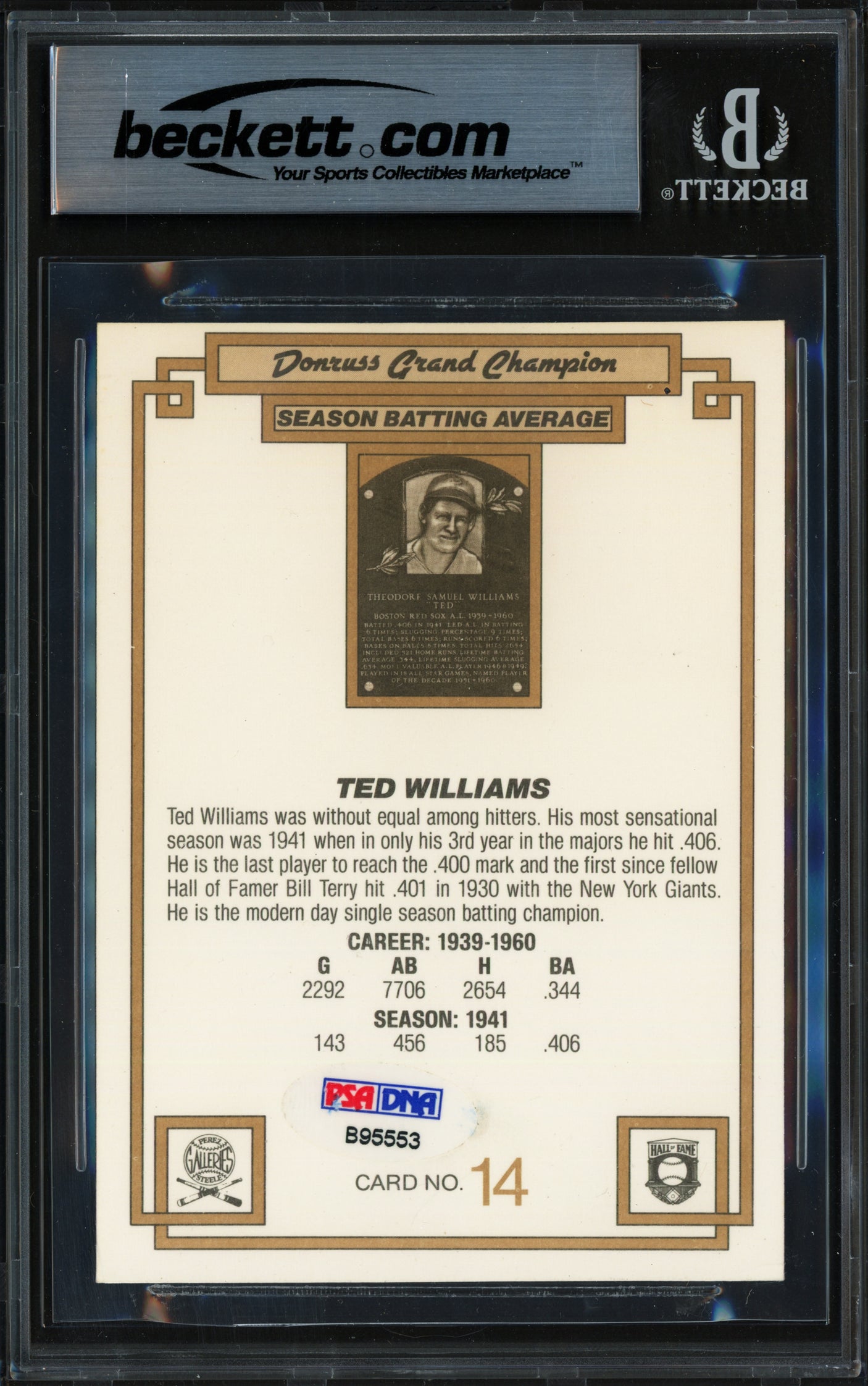 Ted Williams Autographed 1984 Donruss Grand Champions Card #14 Boston Red Sox Beckett BAS #18284355